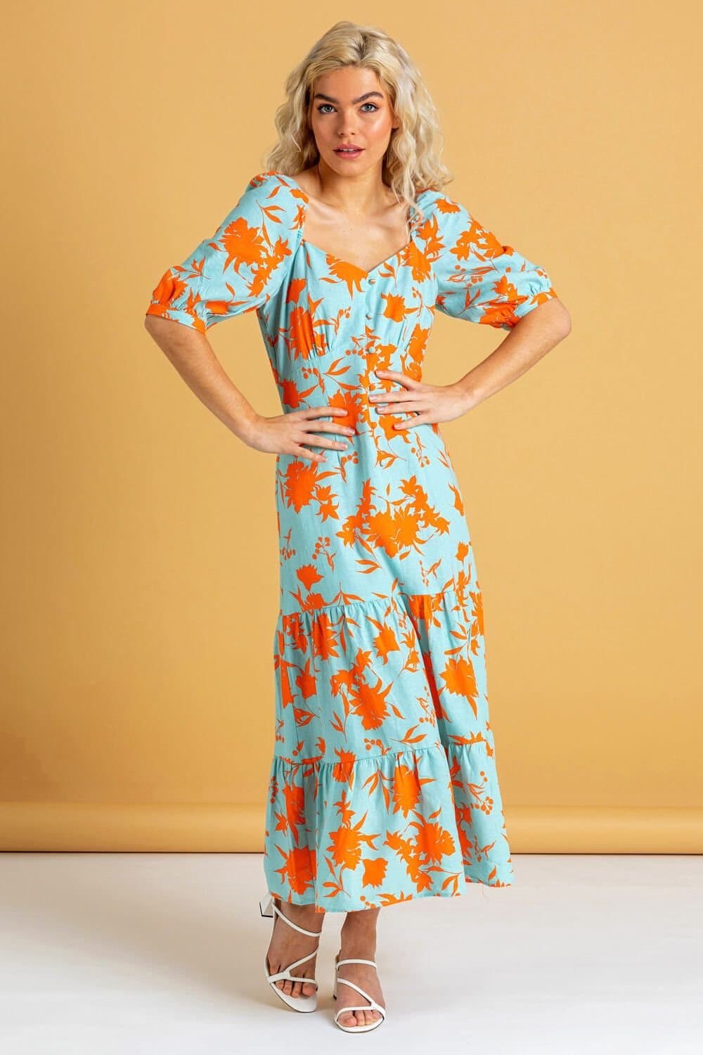 DUSK Dusk Women's Button Down Floral Print Midi Dress in Orange