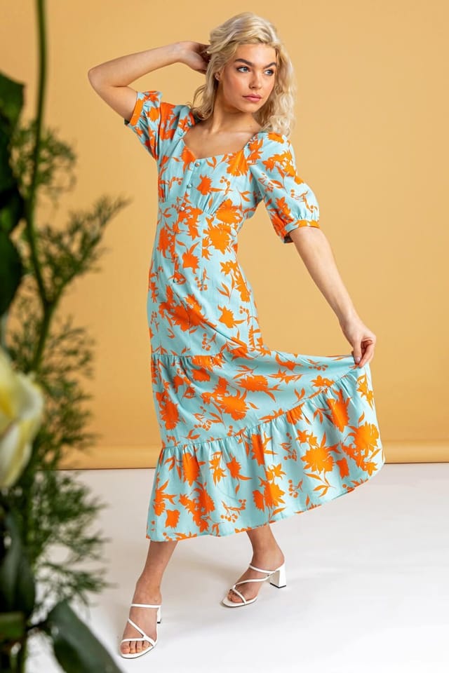 DUSK Dusk Women's Button Down Floral Print Midi Dress in Orange - 3