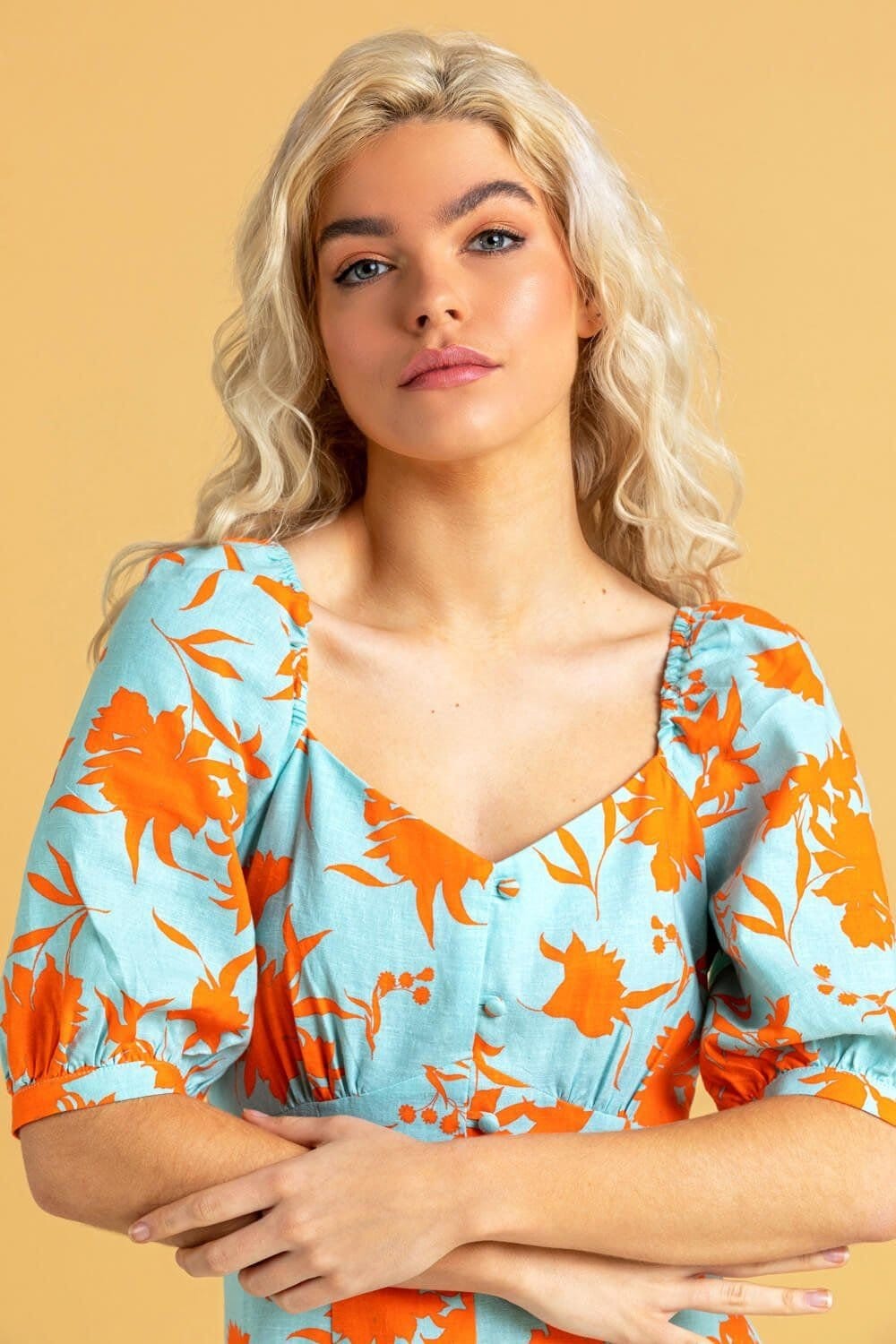 DUSK Dusk Women's Button Down Floral Print Midi Dress in Orange - 4