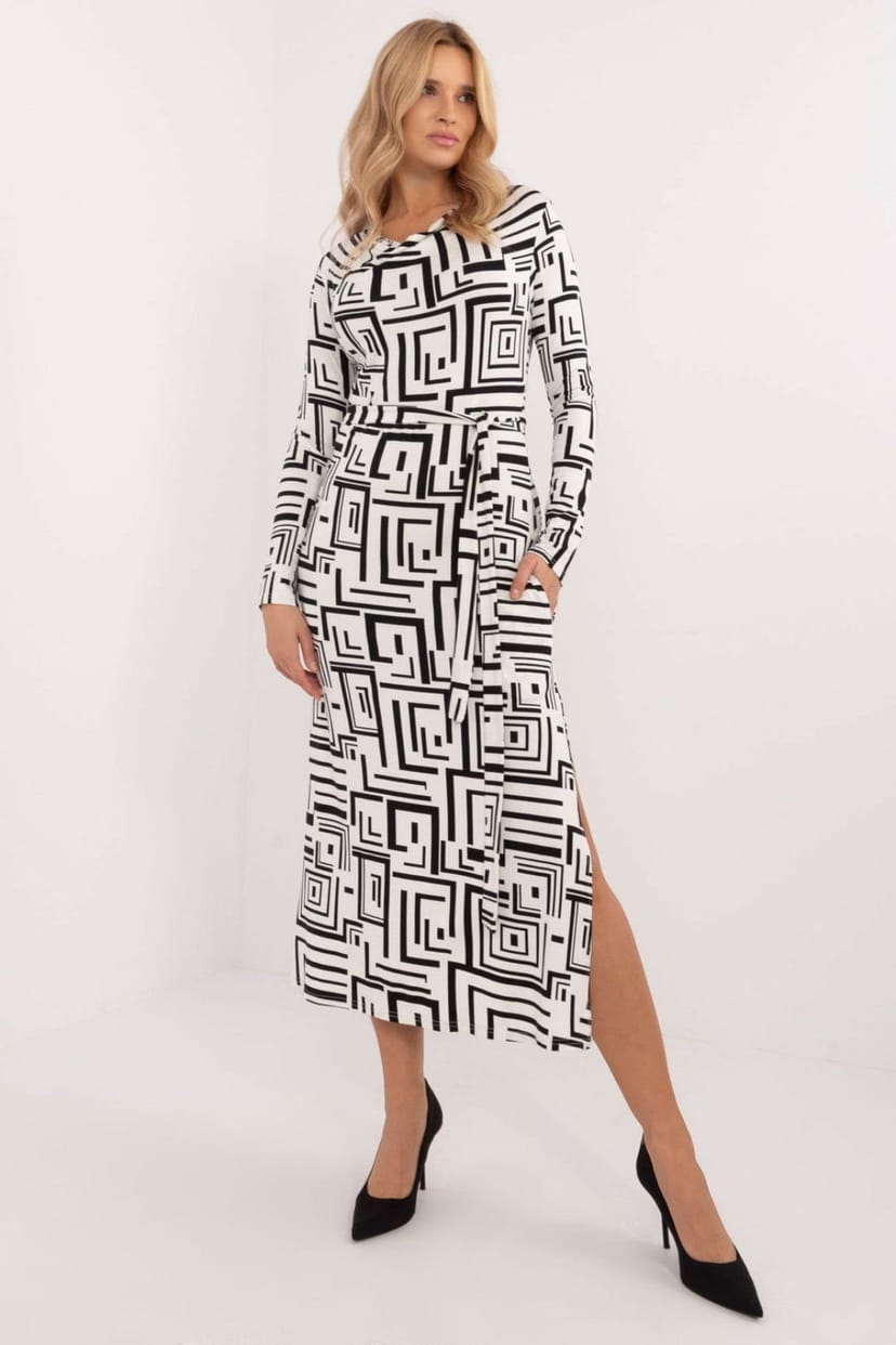 Love Lace Love Lace Women's Everyday Geometric Midi Pencil Dress with Tie Belt in Black - 1