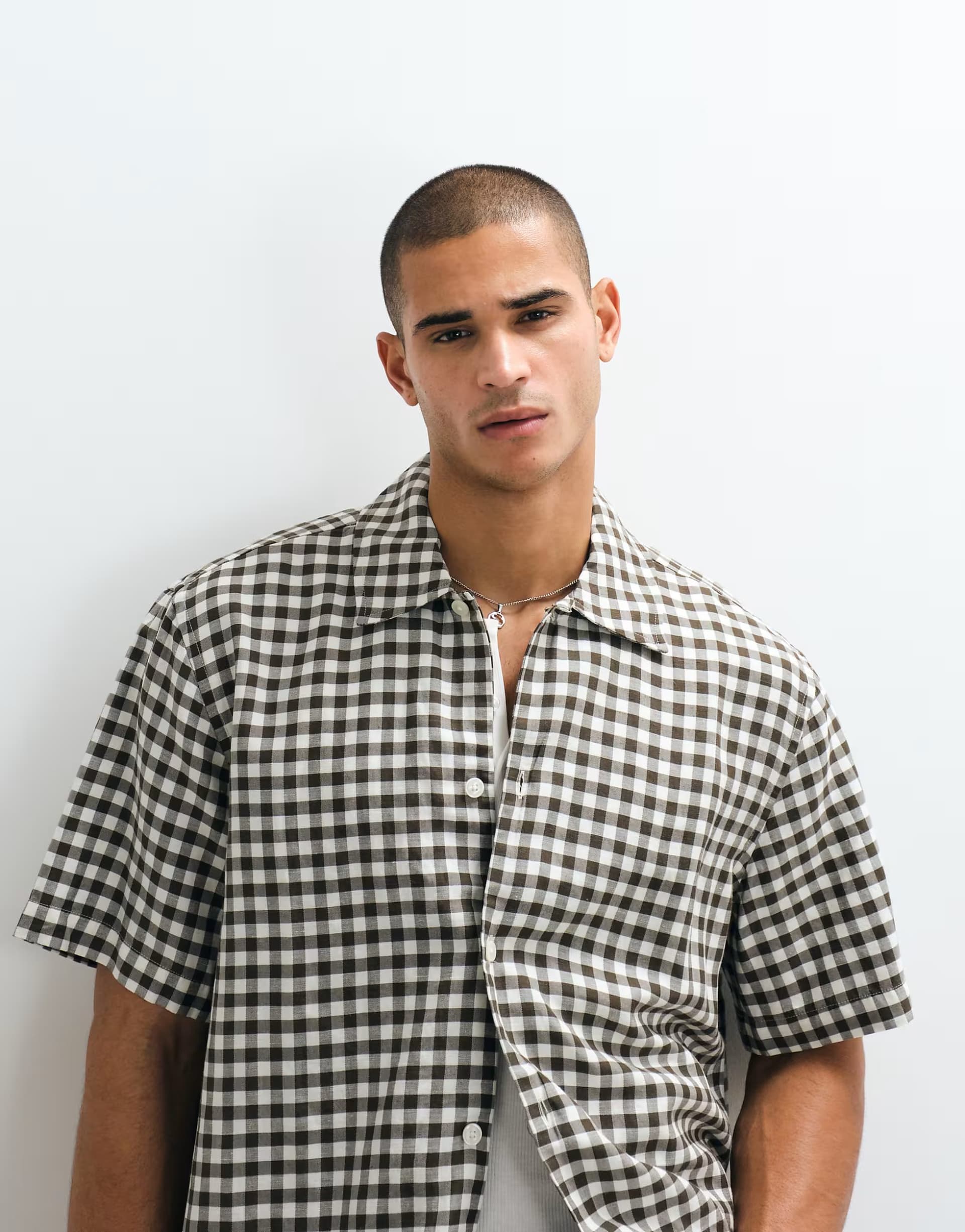 ASOS Selected linen blend short sleeve shirt in brown check