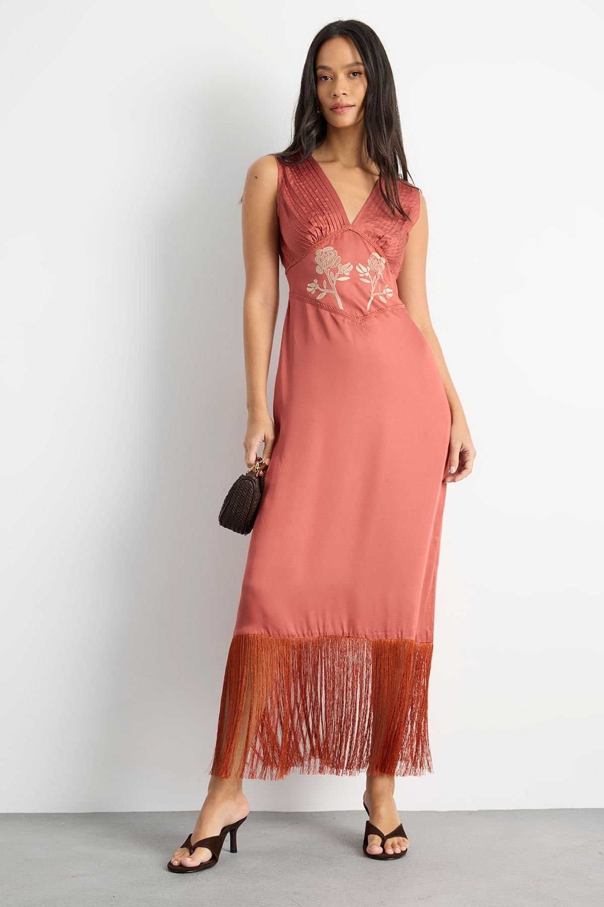 Warehouse Warehouse Women's Embroidered & Pintuck Detail Midi Dress With Fringing in Rose
