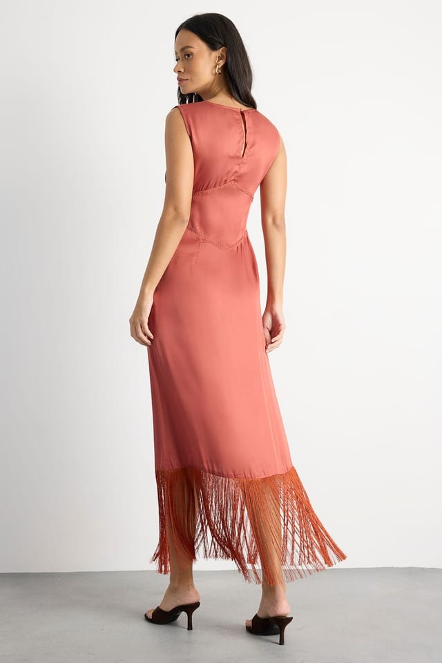 Warehouse Warehouse Women's Embroidered & Pintuck Detail Midi Dress With Fringing in Rose - 3