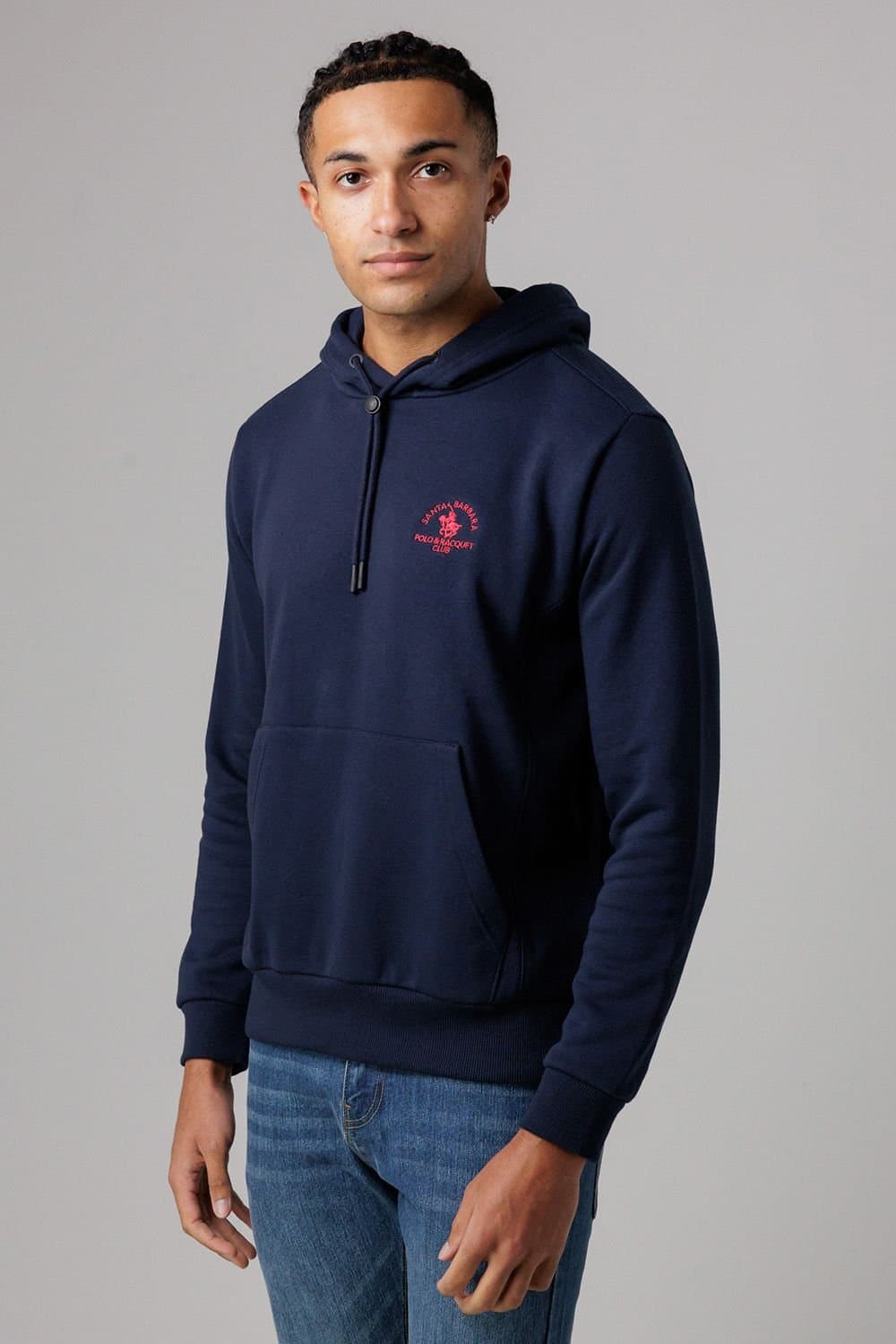 Santa Barbara Polo & Racquet Club Santa Barbara Polo & Racquet Club Men's Cotton Rich Pullover Hoodie with Drawstring & Kangaroo Pocket in Navy