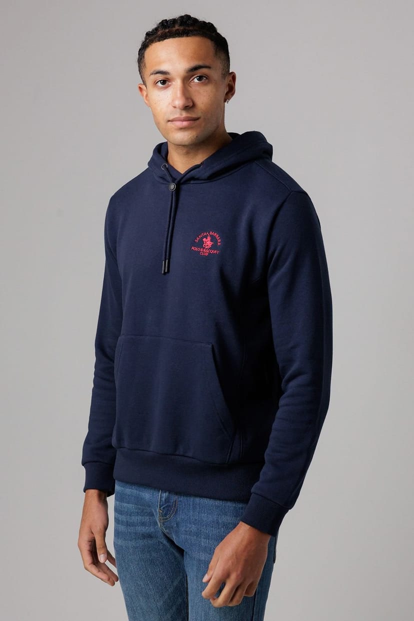 Santa Barbara Polo & Racquet Club Santa Barbara Polo & Racquet Club Men's Cotton Rich Pullover Hoodie with Drawstring & Kangaroo Pocket in Navy - 1