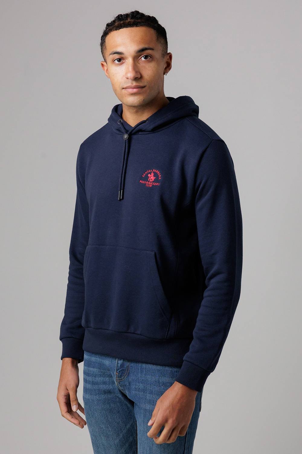 Santa Barbara Polo & Racquet Club Santa Barbara Polo & Racquet Club Men's Cotton Rich Pullover Hoodie with Drawstring & Kangaroo Pocket in Navy - 3