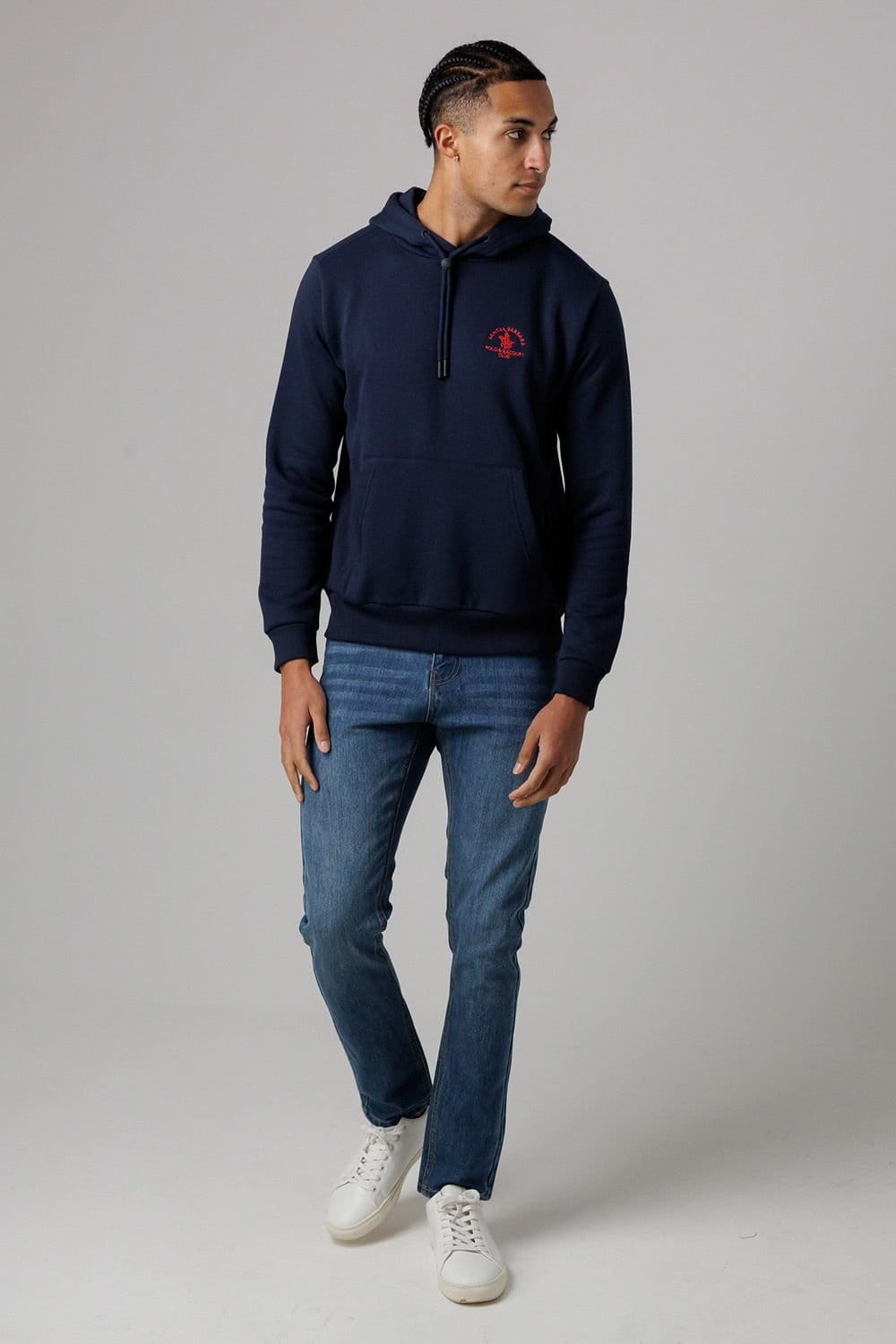 Santa Barbara Polo & Racquet Club Santa Barbara Polo & Racquet Club Men's Cotton Rich Pullover Hoodie with Drawstring & Kangaroo Pocket in Navy - 4