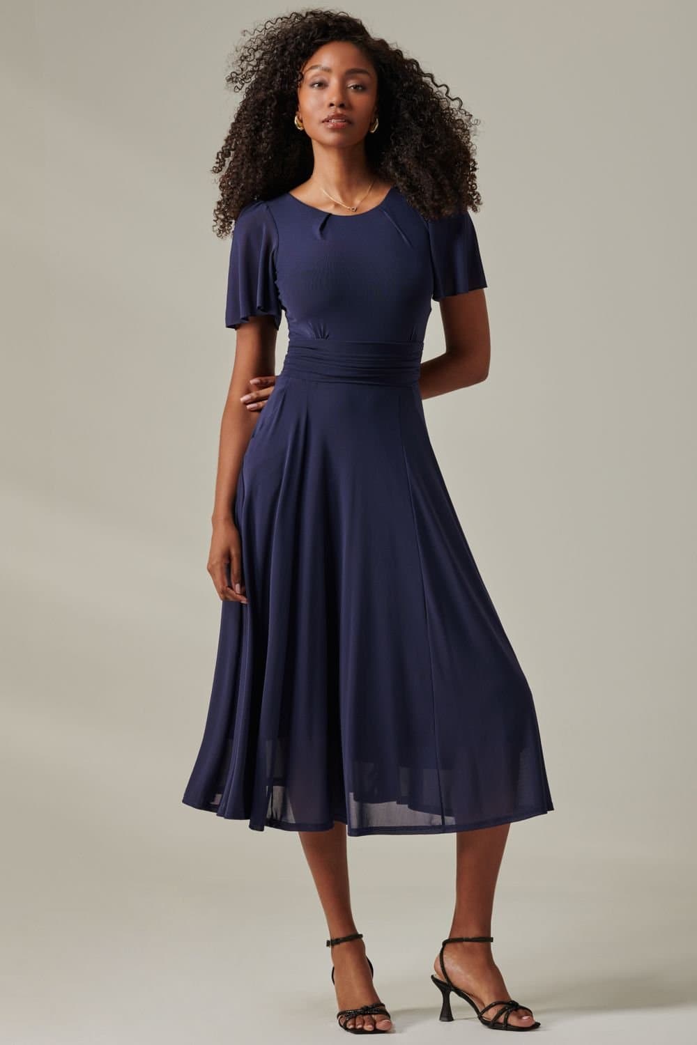 Jolie Moi Jolie Moi Women's Plain Mesh Floaty Sleeve Midaxi Dress in Navy