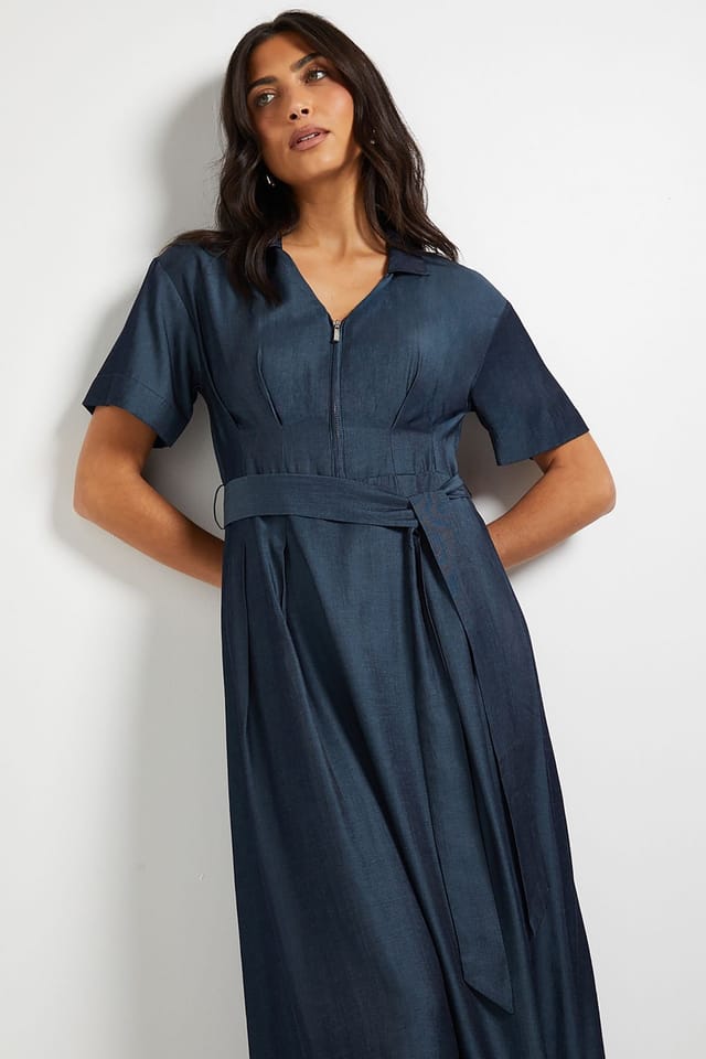 Wallis Wallis Women's Denim Look Zip Belted Midi Dress in Indigo - 2