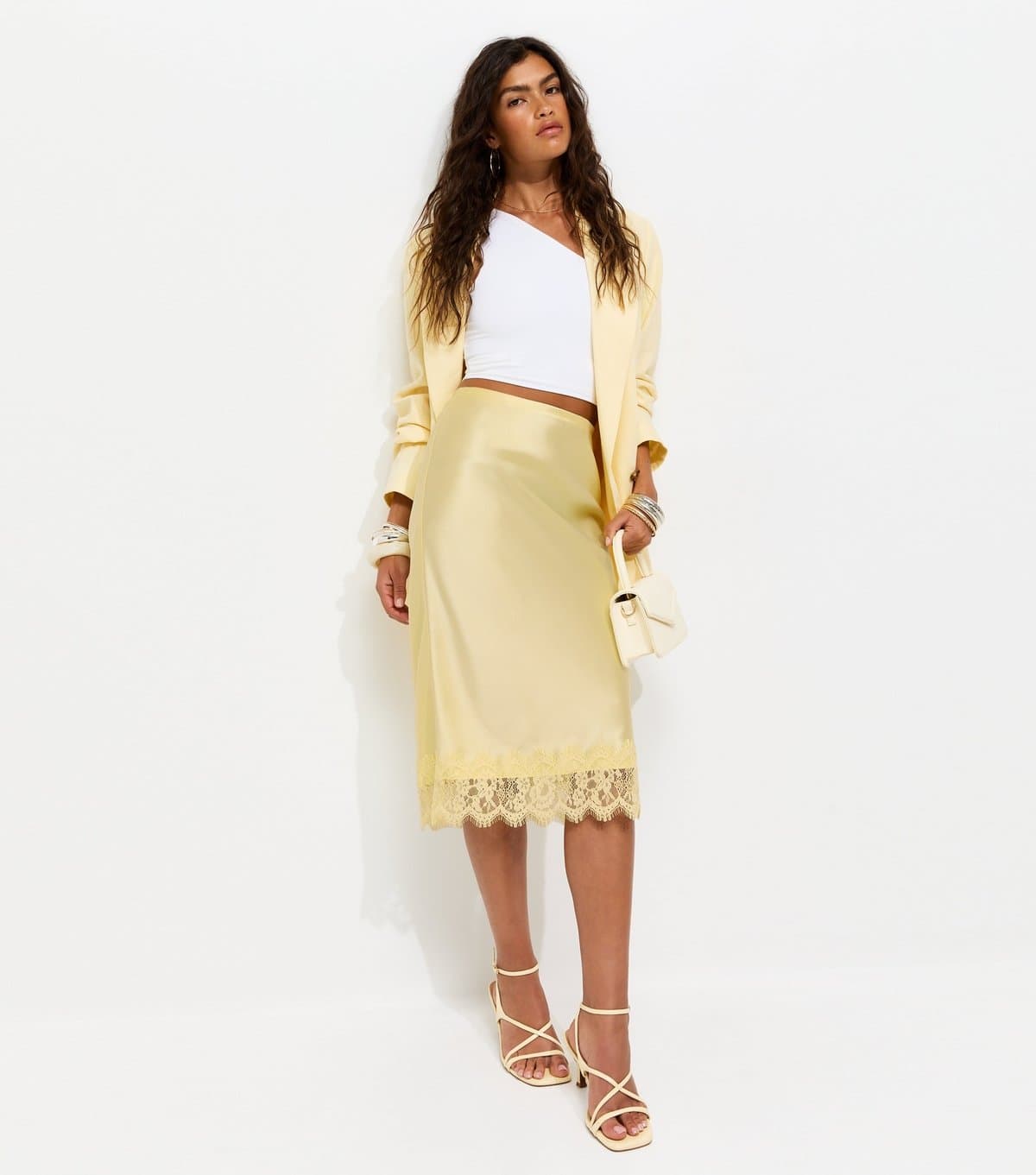 New Look Women's Light Yellow Satin Lace Trim Skirt New Look