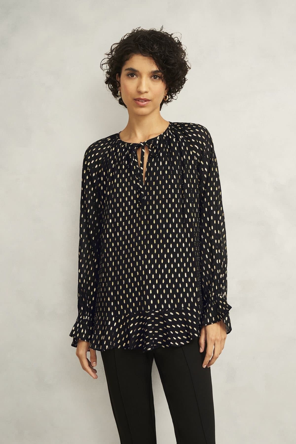 Hobbs London Hobbs London Black Polka Dot Tie-Neck Blouse