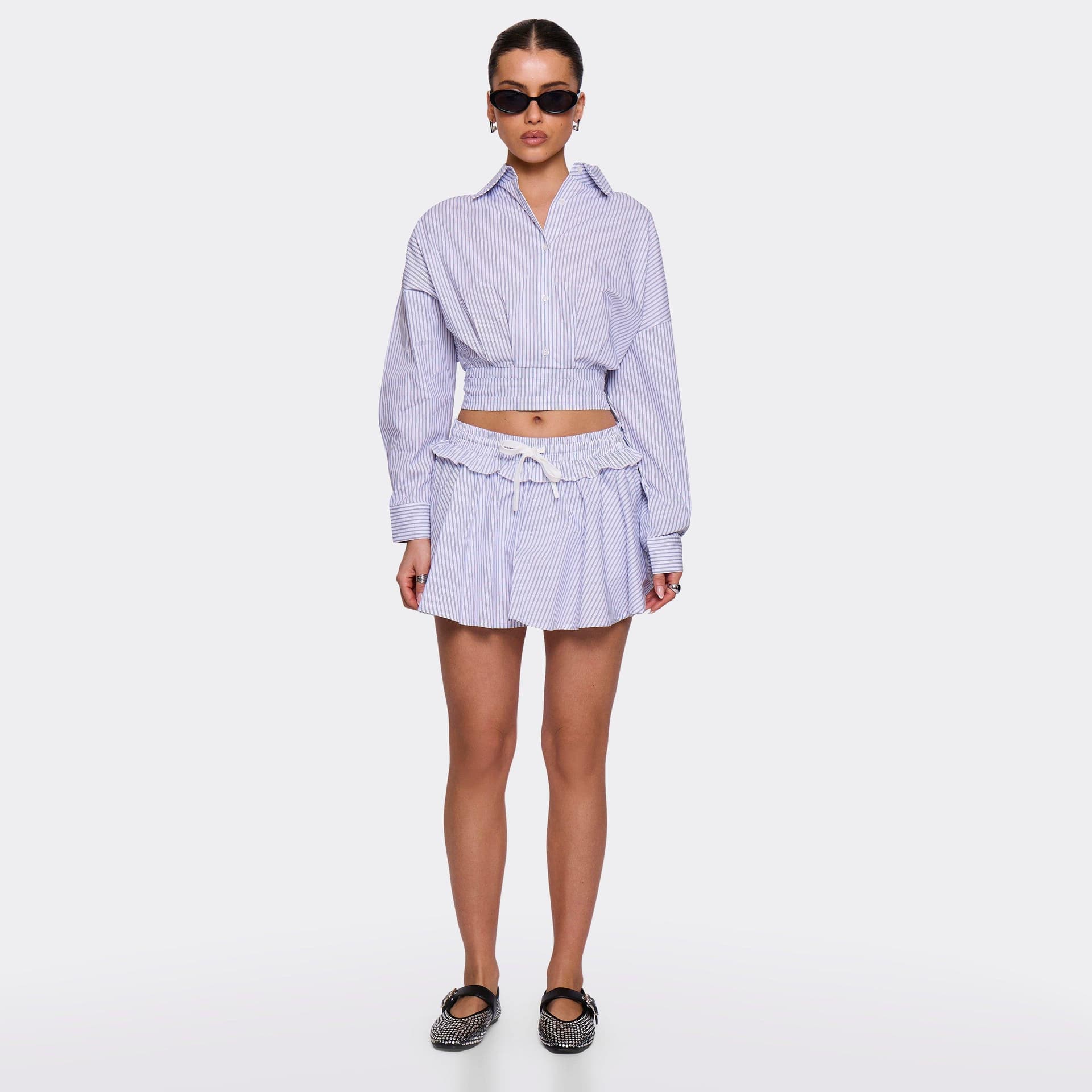 EGO Drawstring Waist Mini Skort In Blue Pinstripe, Women's Size UK S