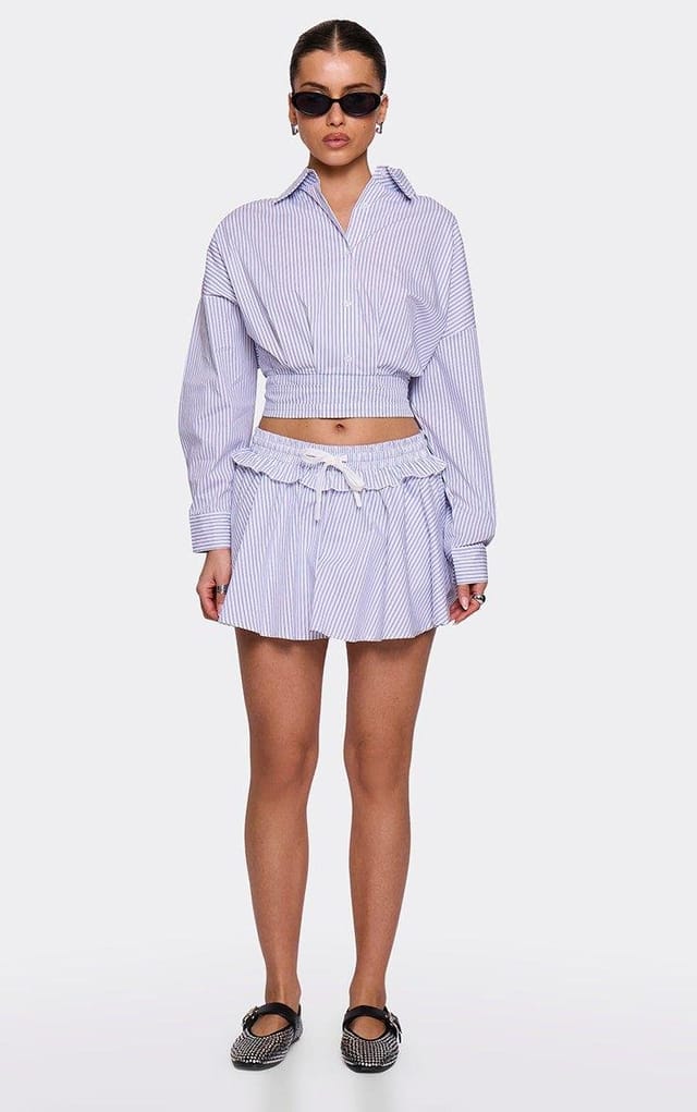 EGO Drawstring Waist Mini Skort In Blue Pinstripe, Women's Size UK S - 2