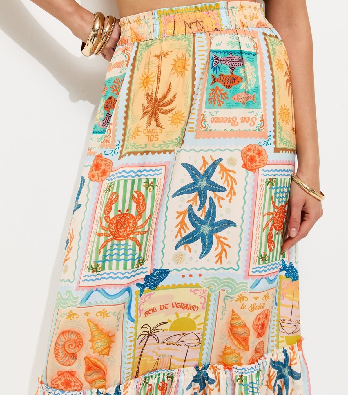 New Look Women's Multicoloured Patchwork Print Tiered Midi Skirt New Look