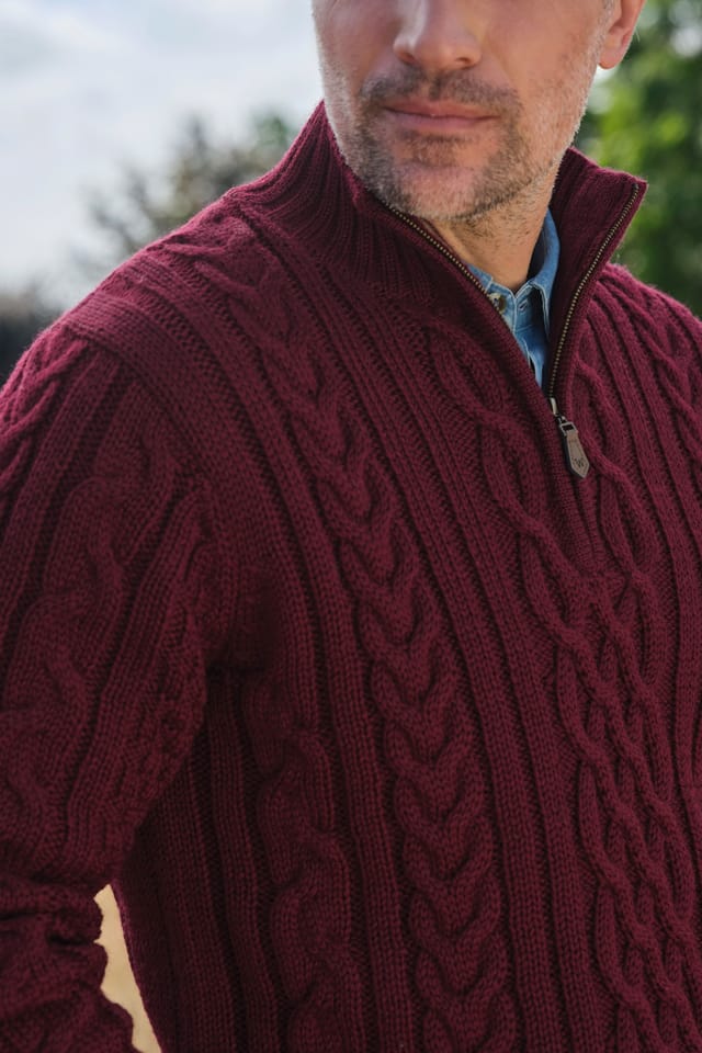 WoolOvers WoolOvers Men's Pure Wool Aran Cable Zip Neck in Burgundy - 2