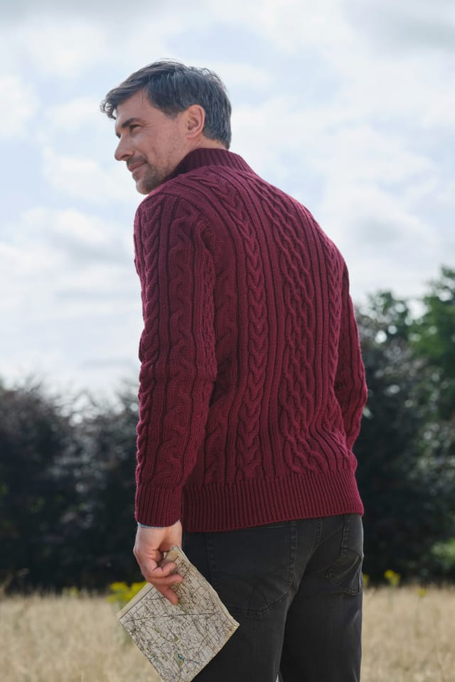 WoolOvers WoolOvers Men's Pure Wool Aran Cable Zip Neck in Burgundy - 3