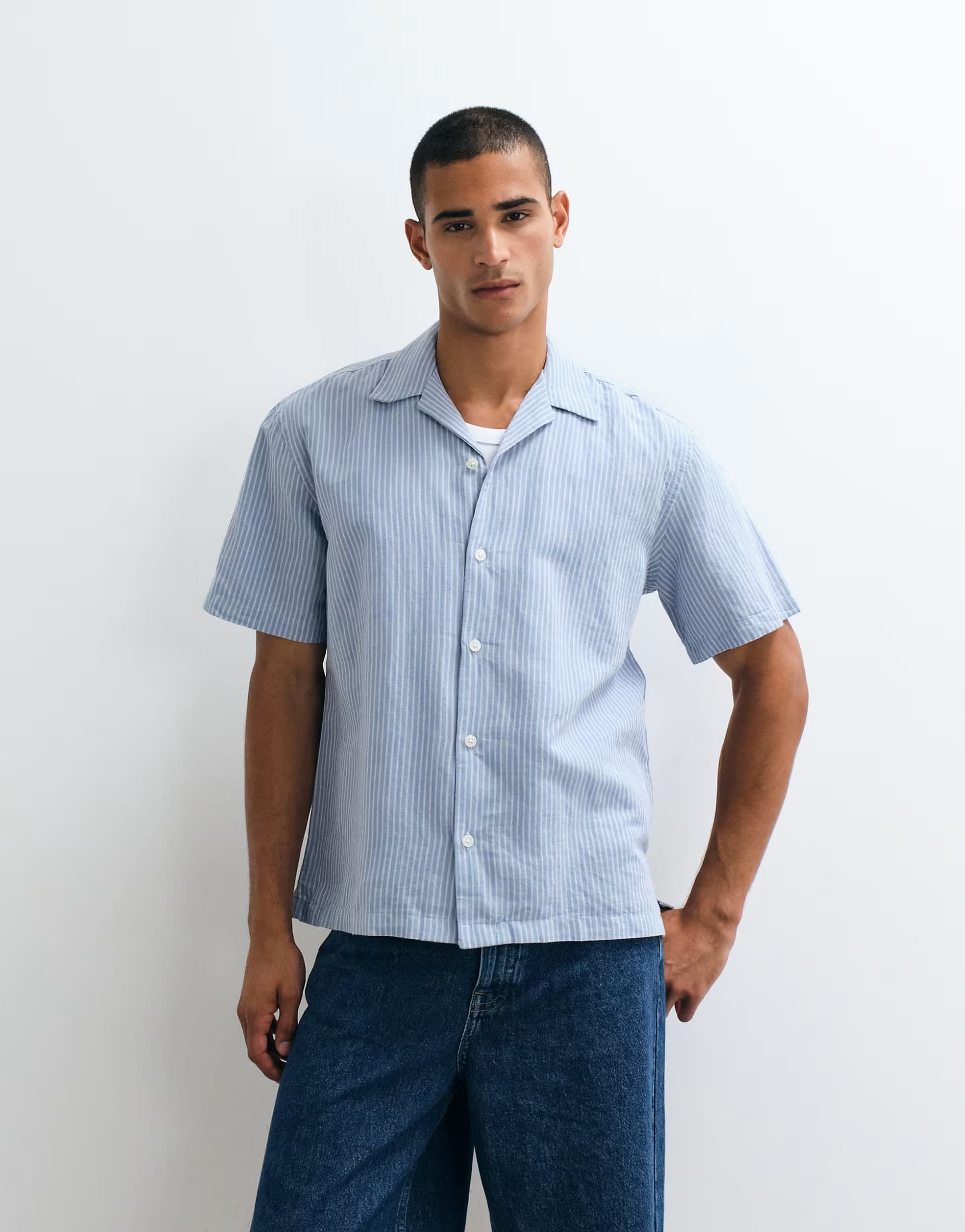 ASOS Selected linen blend short sleeve shirt in blue stripe