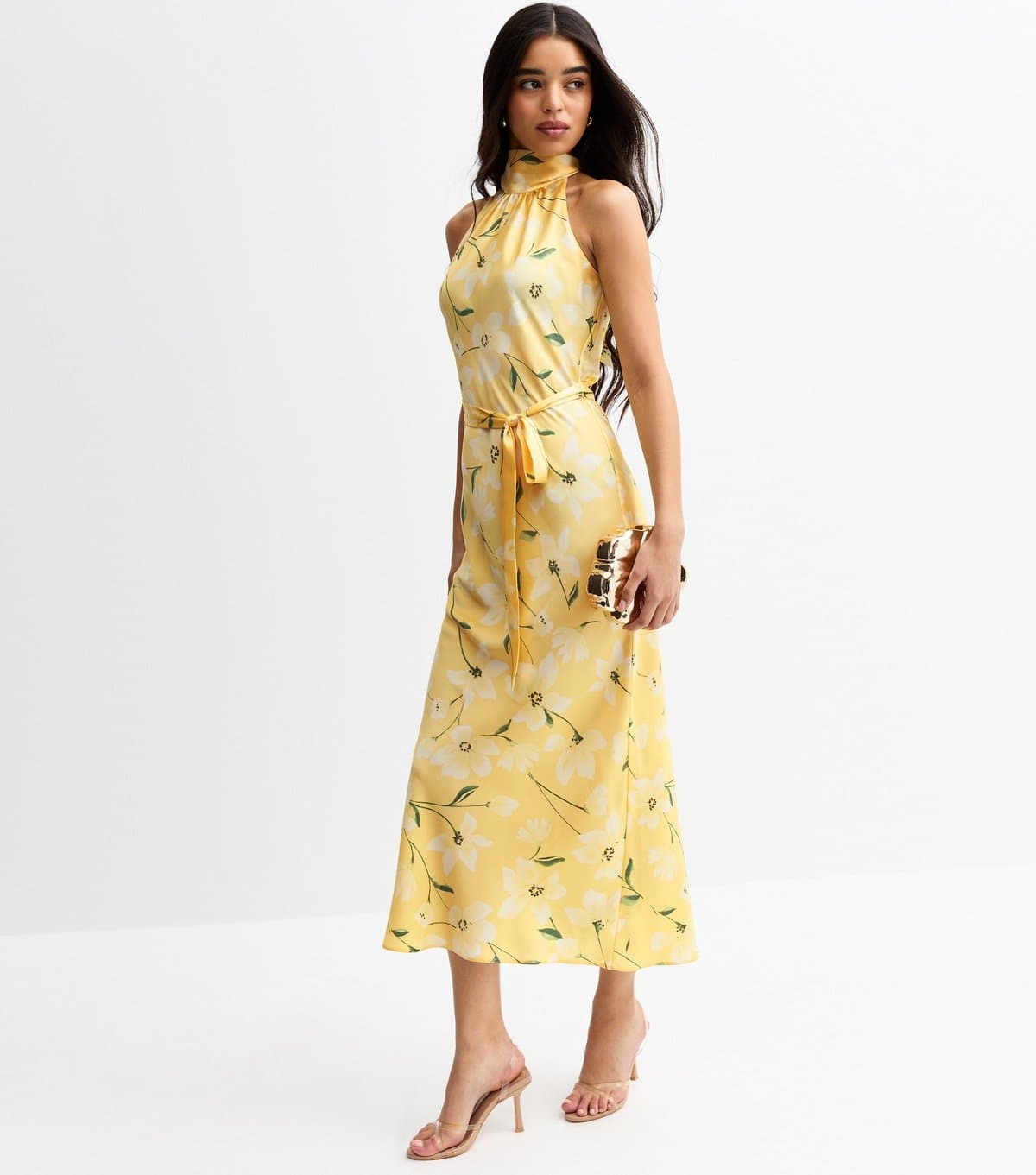 New Look Women's Yellow Floral Print Satin Halterneck Midi Dress New Look