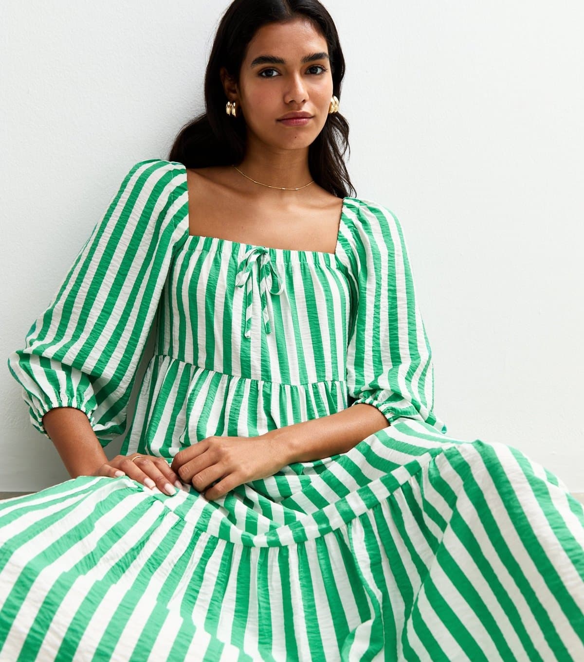 New Look Women's Green Stripe Print Tiered Hem Midi Dress New Look