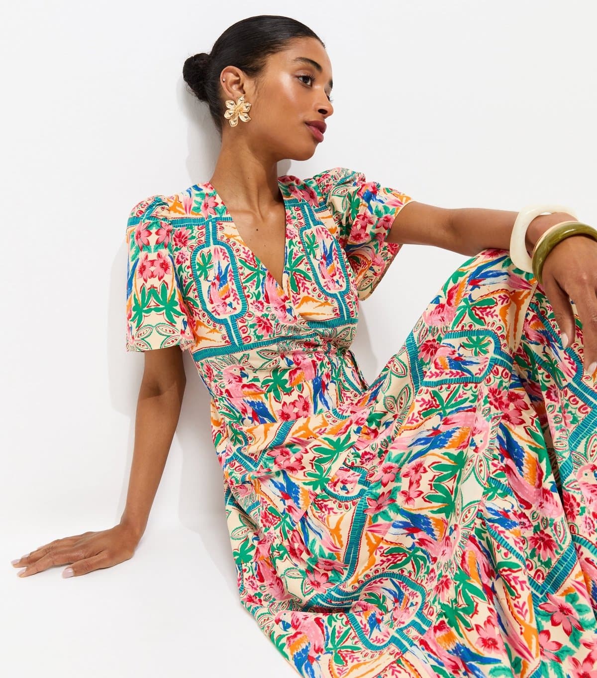 New Look Women's Multicoloured Parrot Print Crepe Wrap Midi Dress New Look