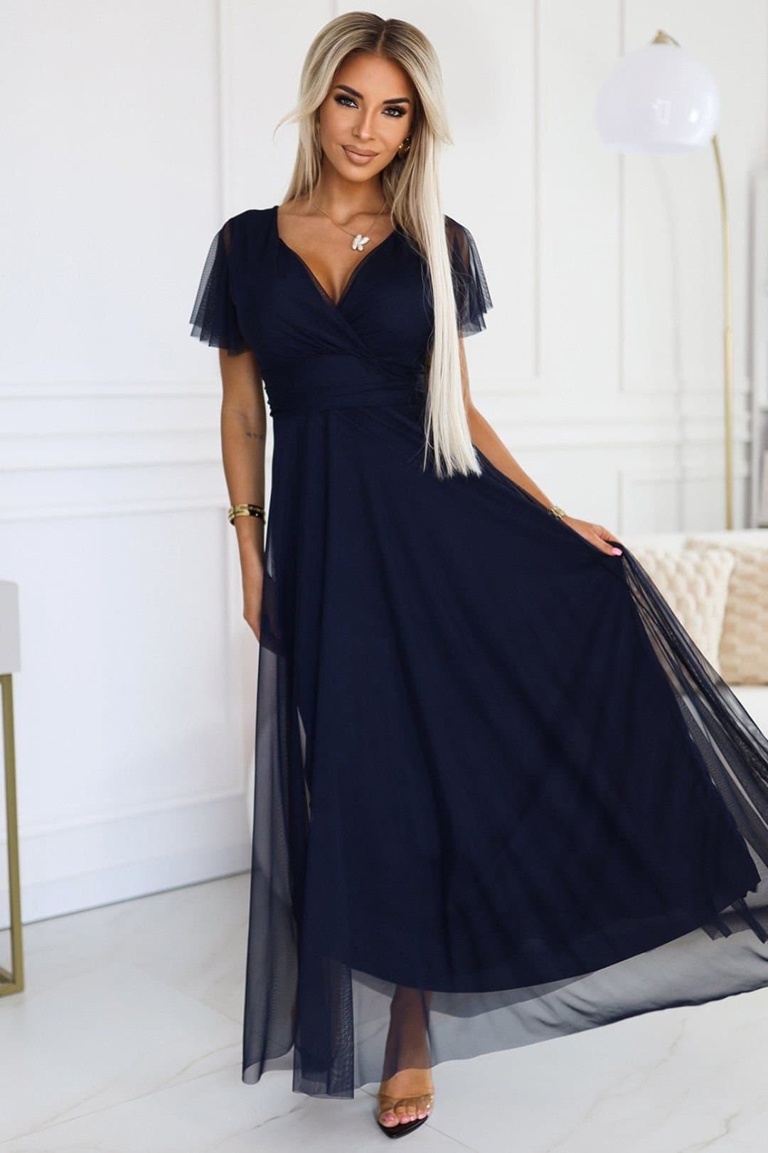 Love Lace Love Lace Women's Nastia Basic Long Navy Tulle Dress in Blue