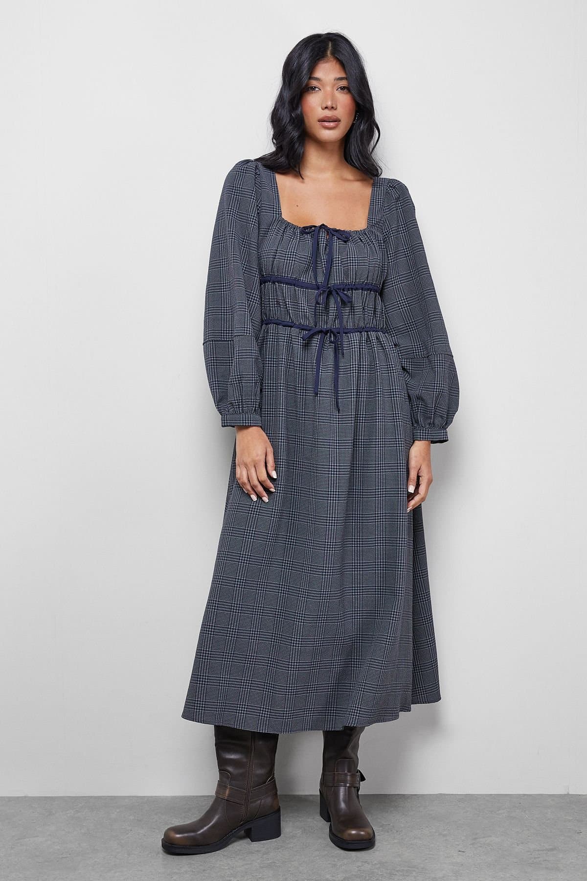 Warehouse Warehouse Women's Check Tie Front Square Midi Dress in Khaki