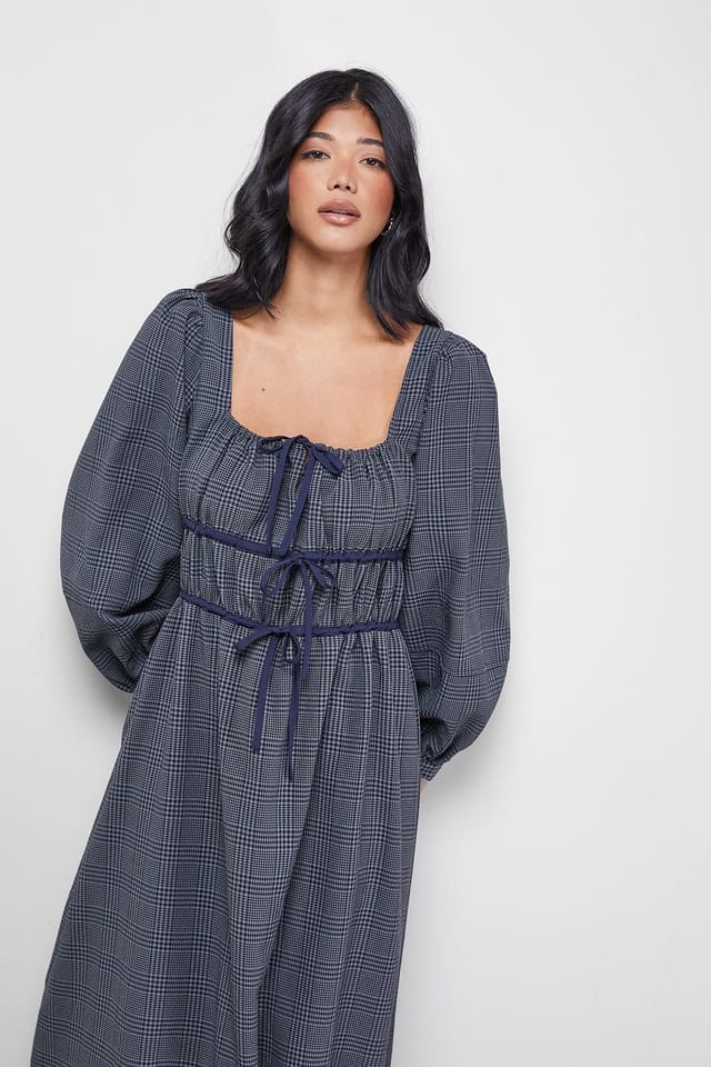 Warehouse Warehouse Women's Check Tie Front Square Midi Dress in Khaki - 2