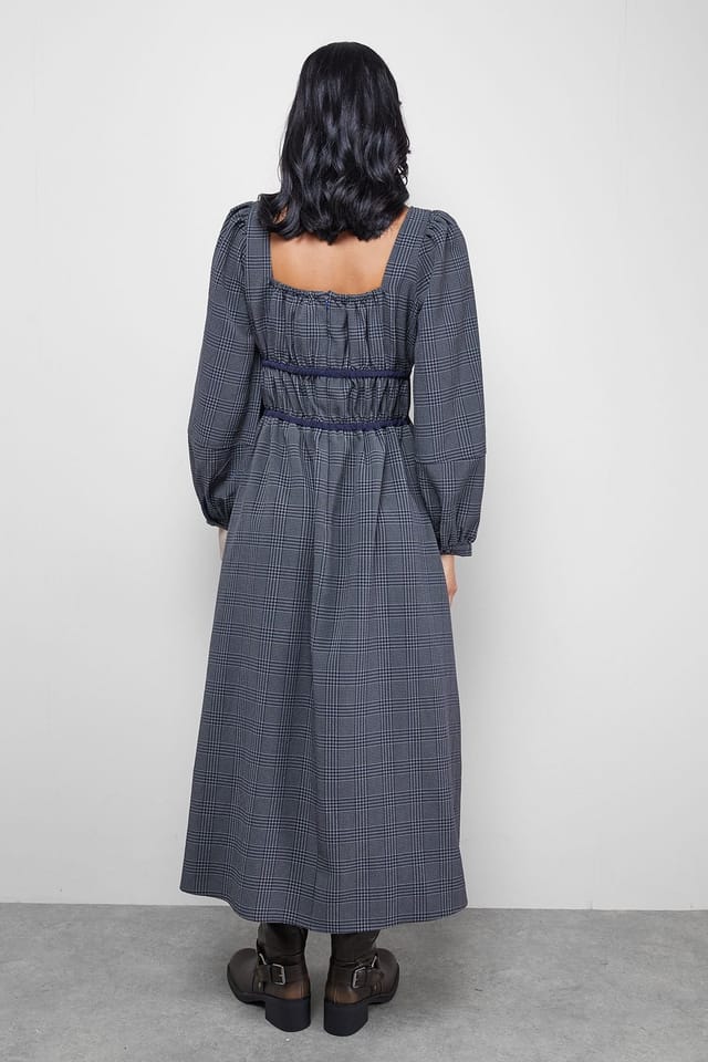 Warehouse Warehouse Women's Check Tie Front Square Midi Dress in Khaki - 3