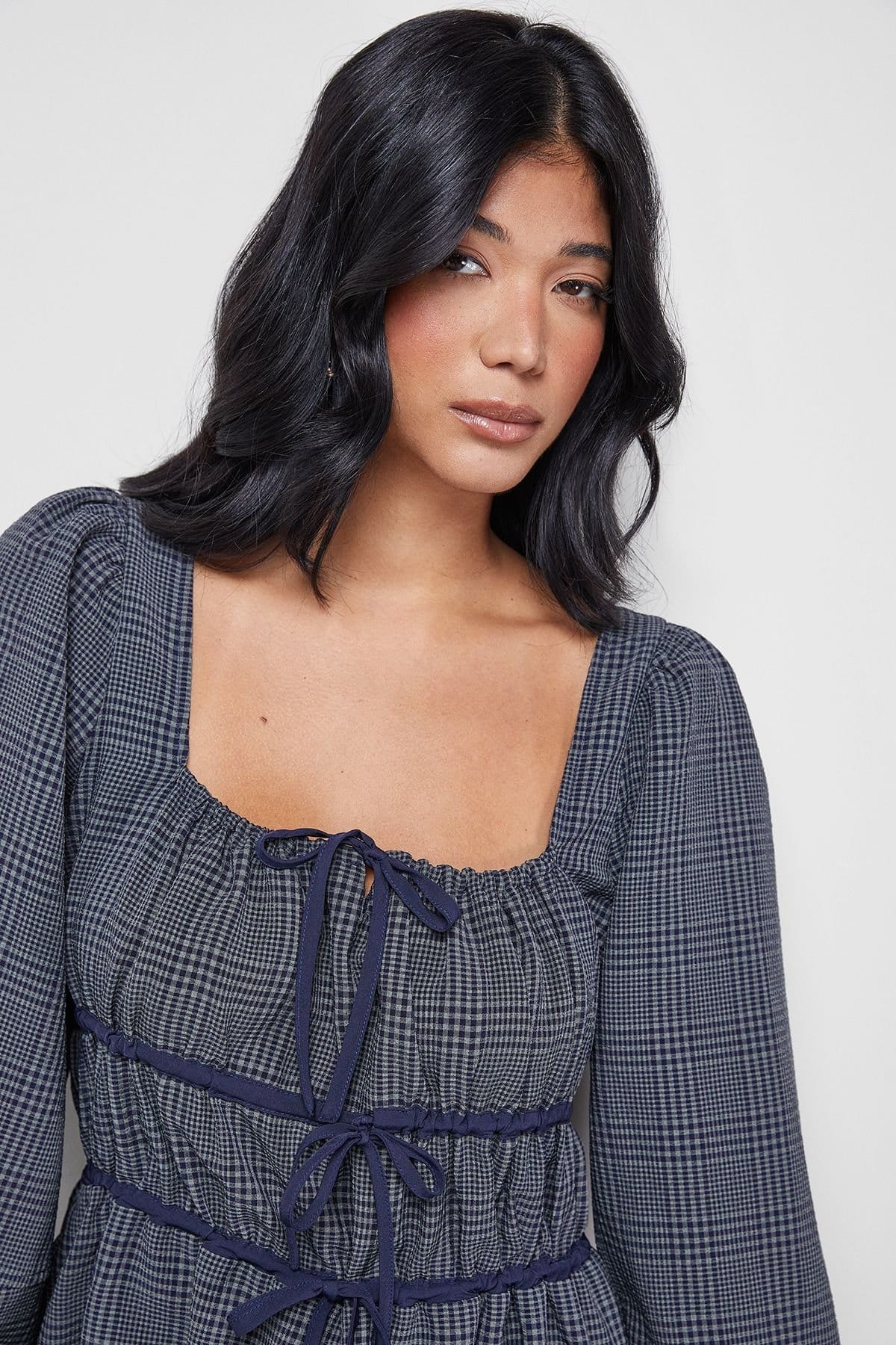 Warehouse Warehouse Women's Check Tie Front Square Midi Dress in Khaki - 4