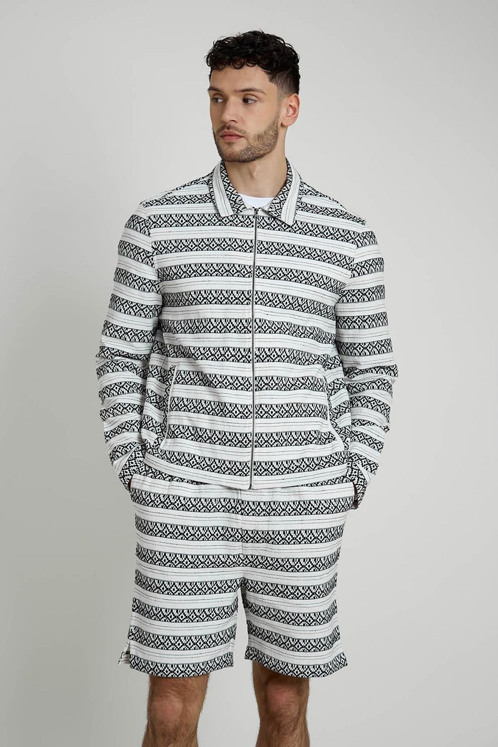 Native Youth Native Youth Men's Cotton Geometric Jacquard Zip Collared Jacket in White
