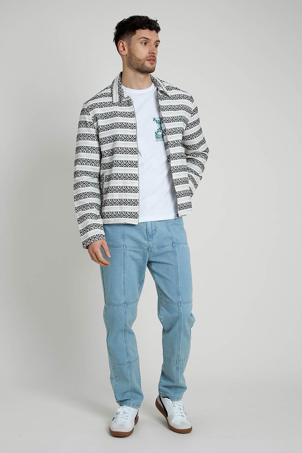 Native Youth Native Youth Men's Cotton Geometric Jacquard Zip Collared Jacket in White - 4