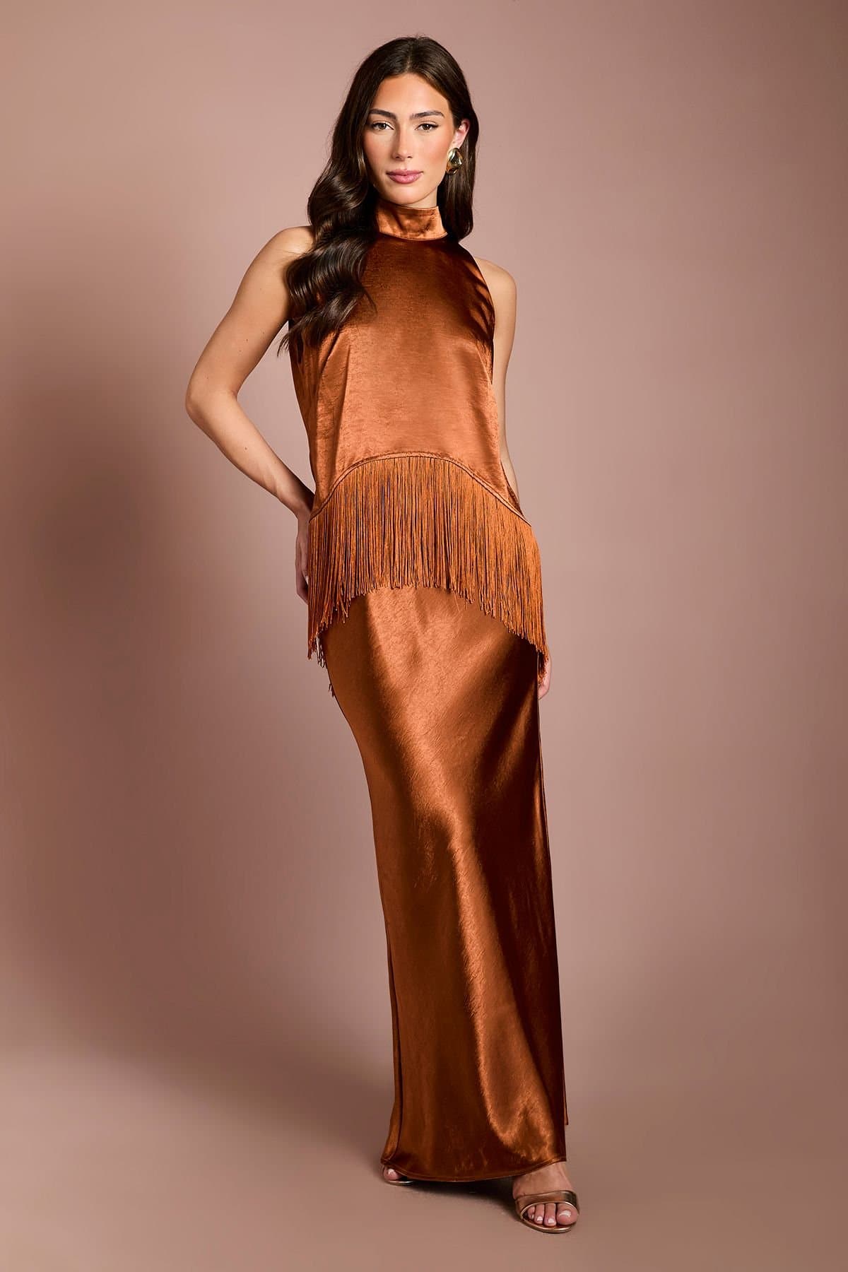 Coast Coast Women's Muse Satin Fringe Halterneck Maxi Dress in Bronze