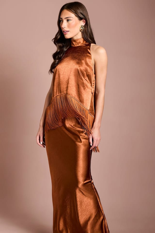 Coast Coast Women's Muse Satin Fringe Halterneck Maxi Dress in Bronze - 2