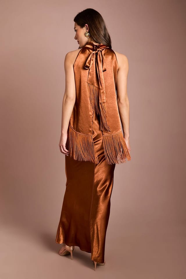 Coast Coast Women's Muse Satin Fringe Halterneck Maxi Dress in Bronze - 3