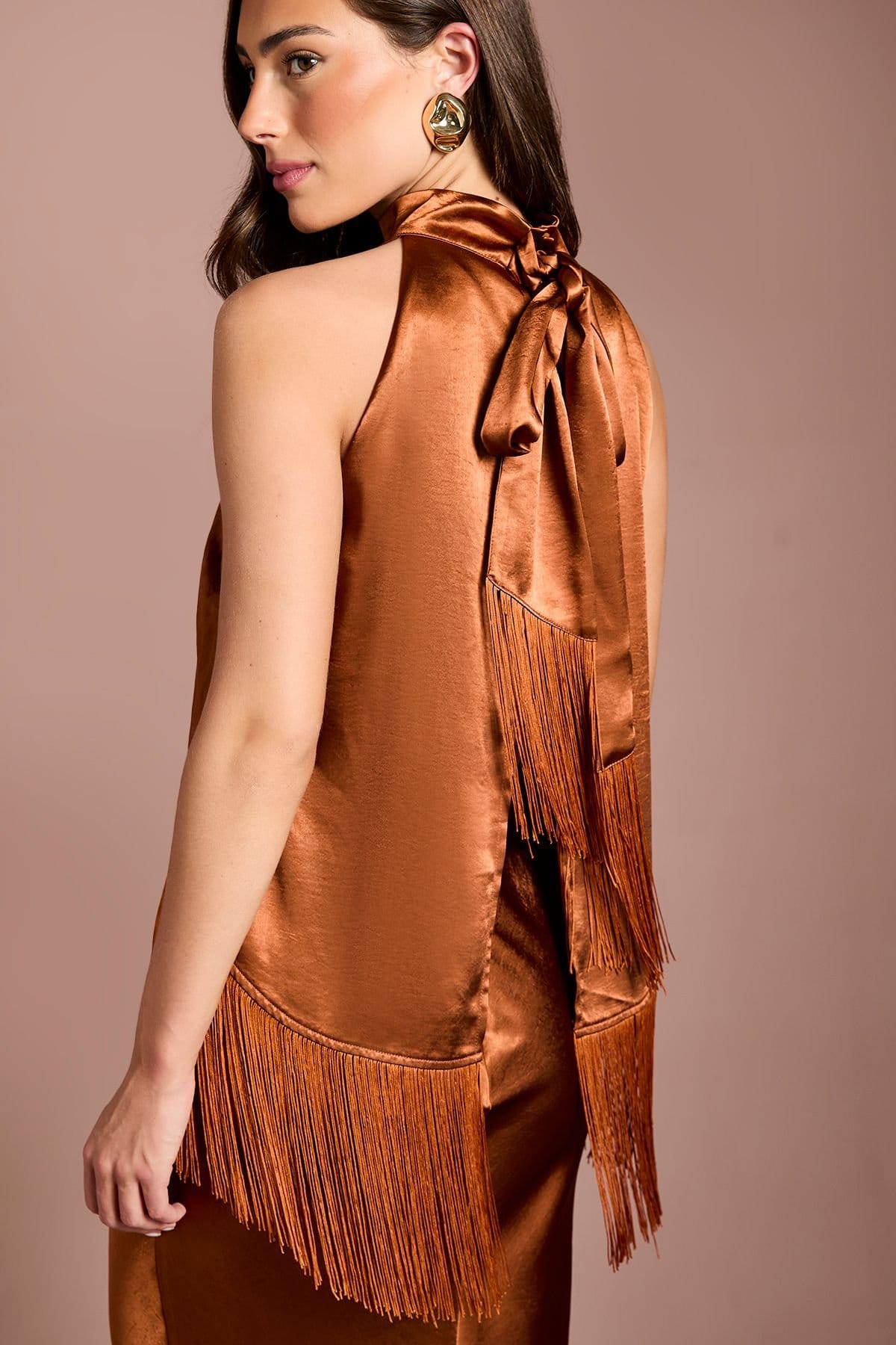 Coast Coast Women's Muse Satin Fringe Halterneck Maxi Dress in Bronze - 4