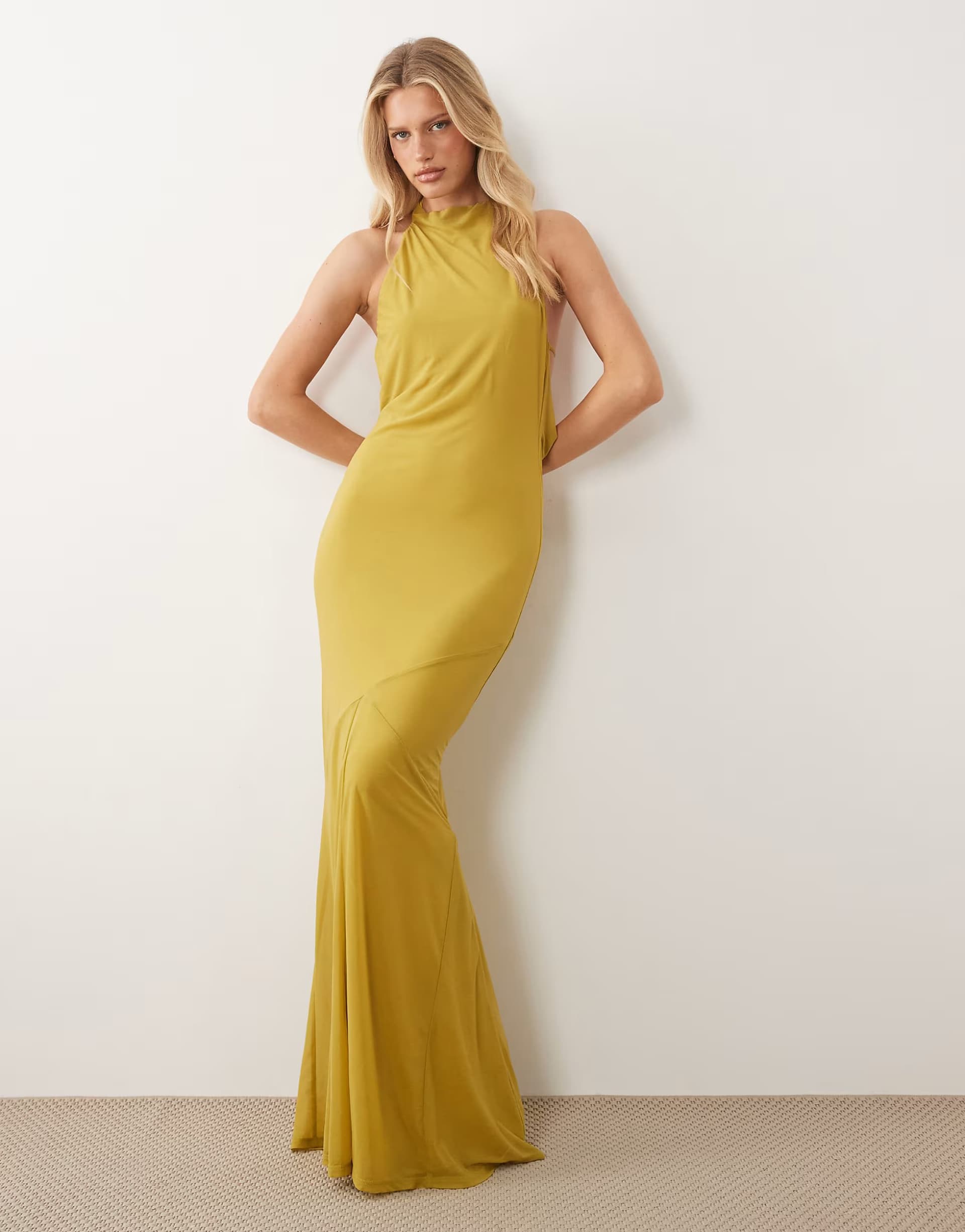ASOS ASOS DESIGN stretch chiffon high neck racer fishtail maxi dress with spliced godet detail in green