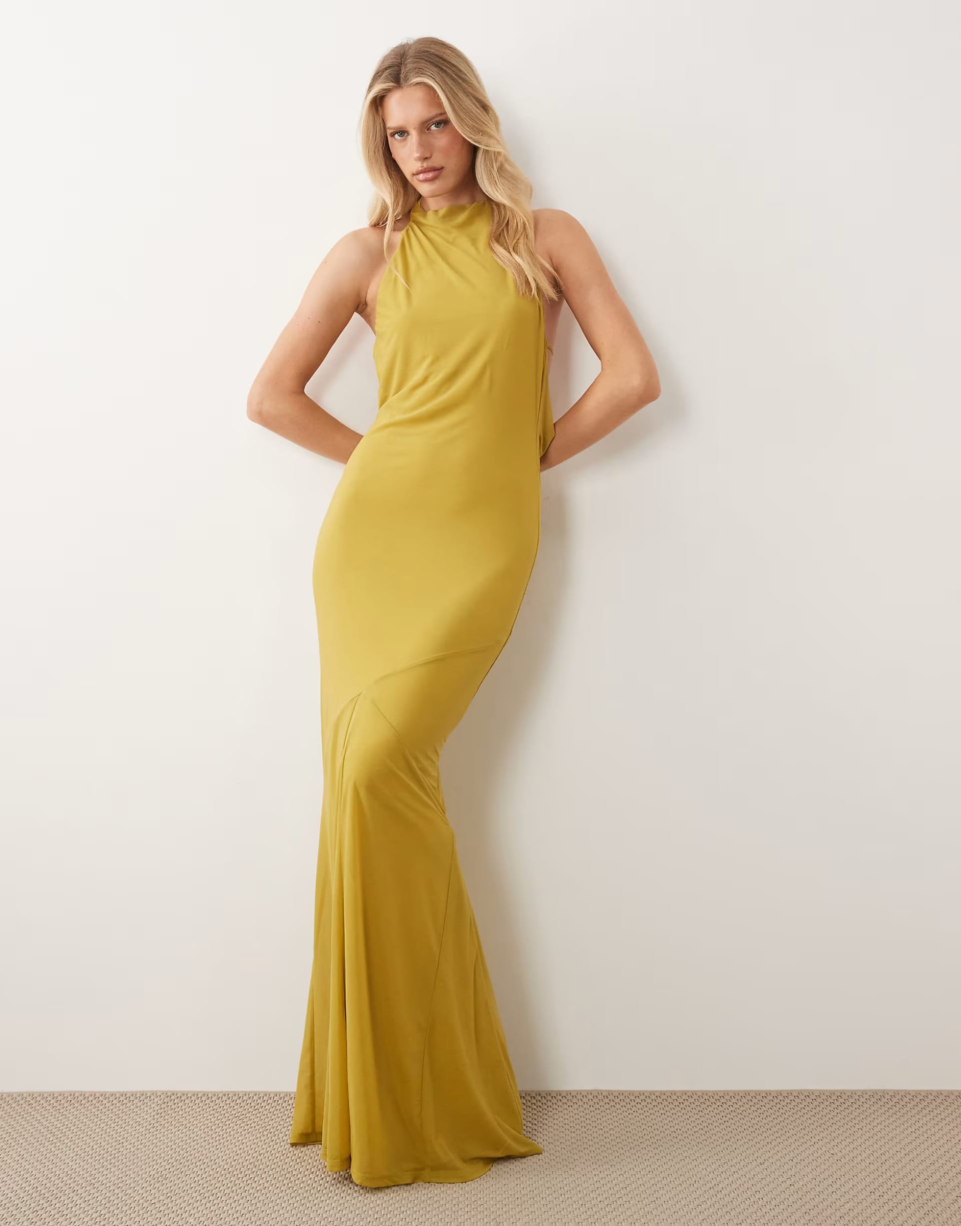 ASOS Green Chiffon Fishtail Maxi Dress With High Neck And Godet