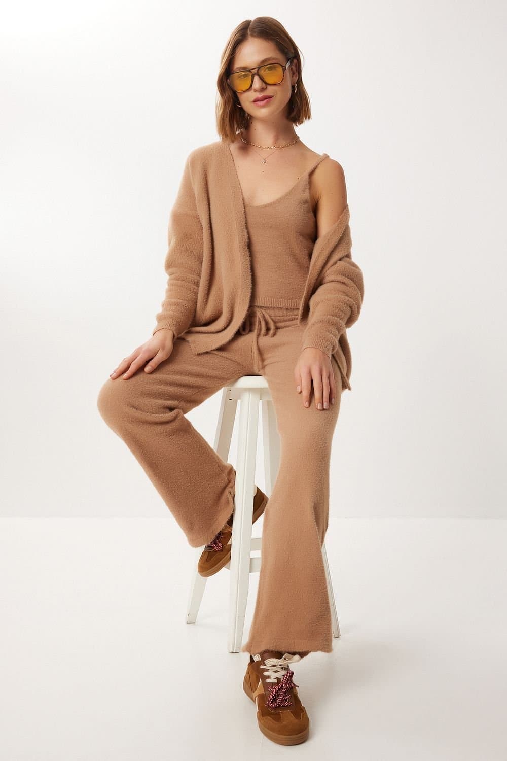 Happiness Istanbul Happiness Istanbul Women's Soft Textured Knitwear V-Neck Cardigan & Blouse & Wide Leg Pants Set in Camel