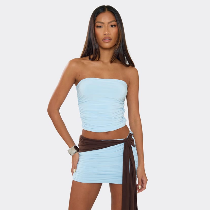 EGO Bandeau Ruched Top In Baby Blue Slinky, Women's Size UK 6 - 1