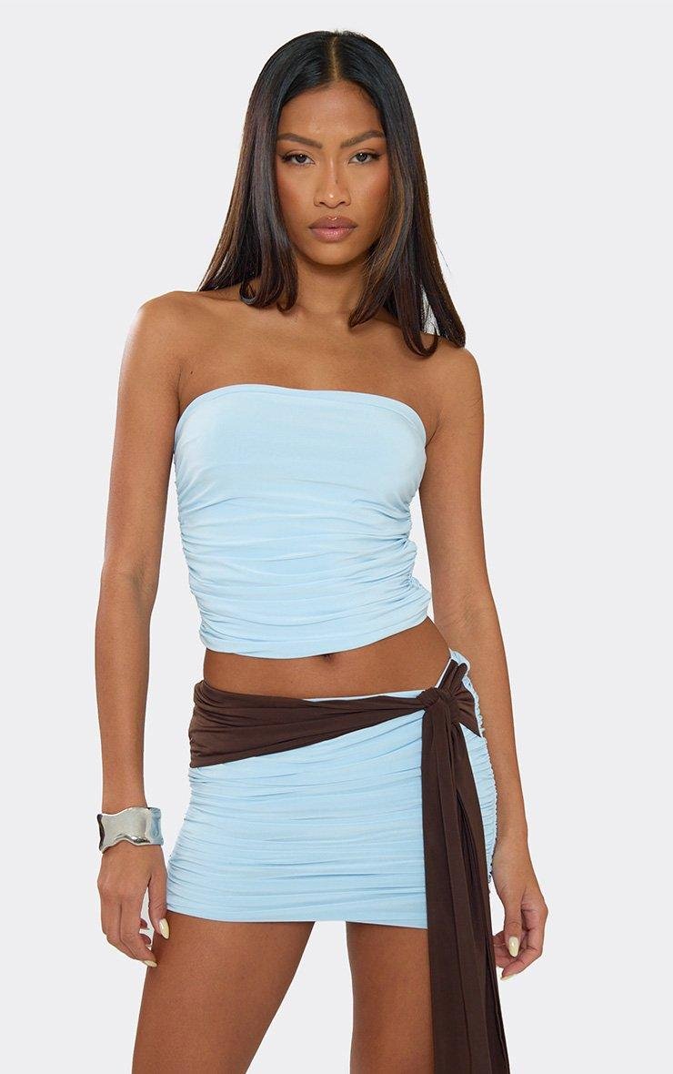 EGO Bandeau Ruched Top In Baby Blue Slinky, Women's Size UK 6 - 2