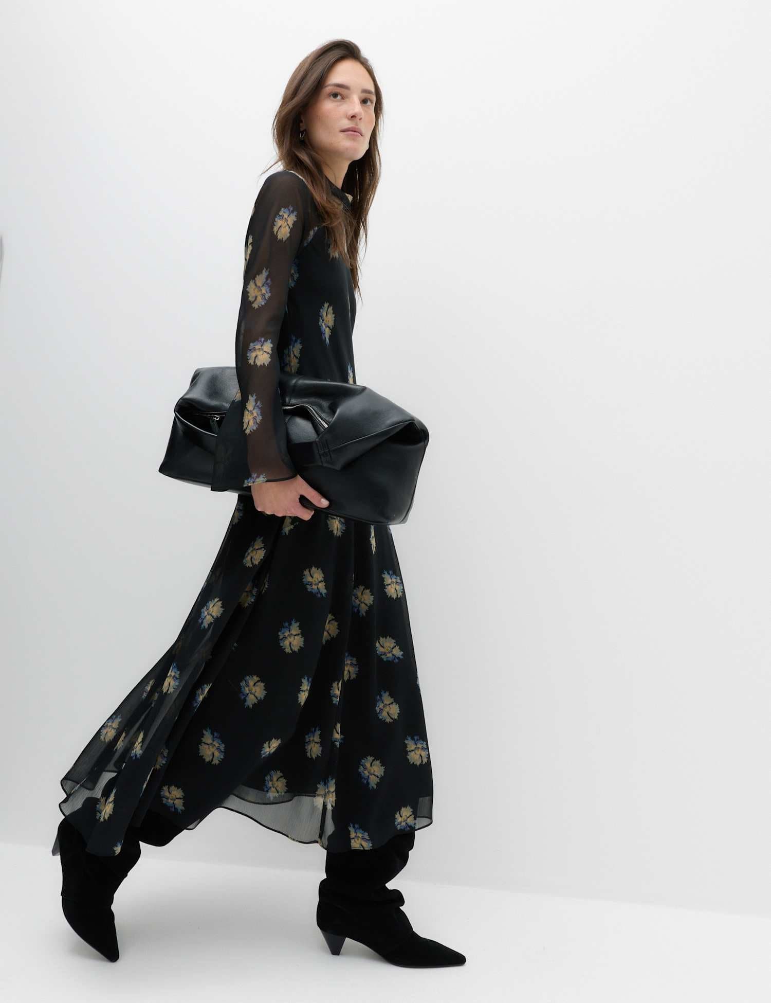 Marks & Spencer M&S Chiffon Floral High Neck Midaxi Column Dress Black Mix