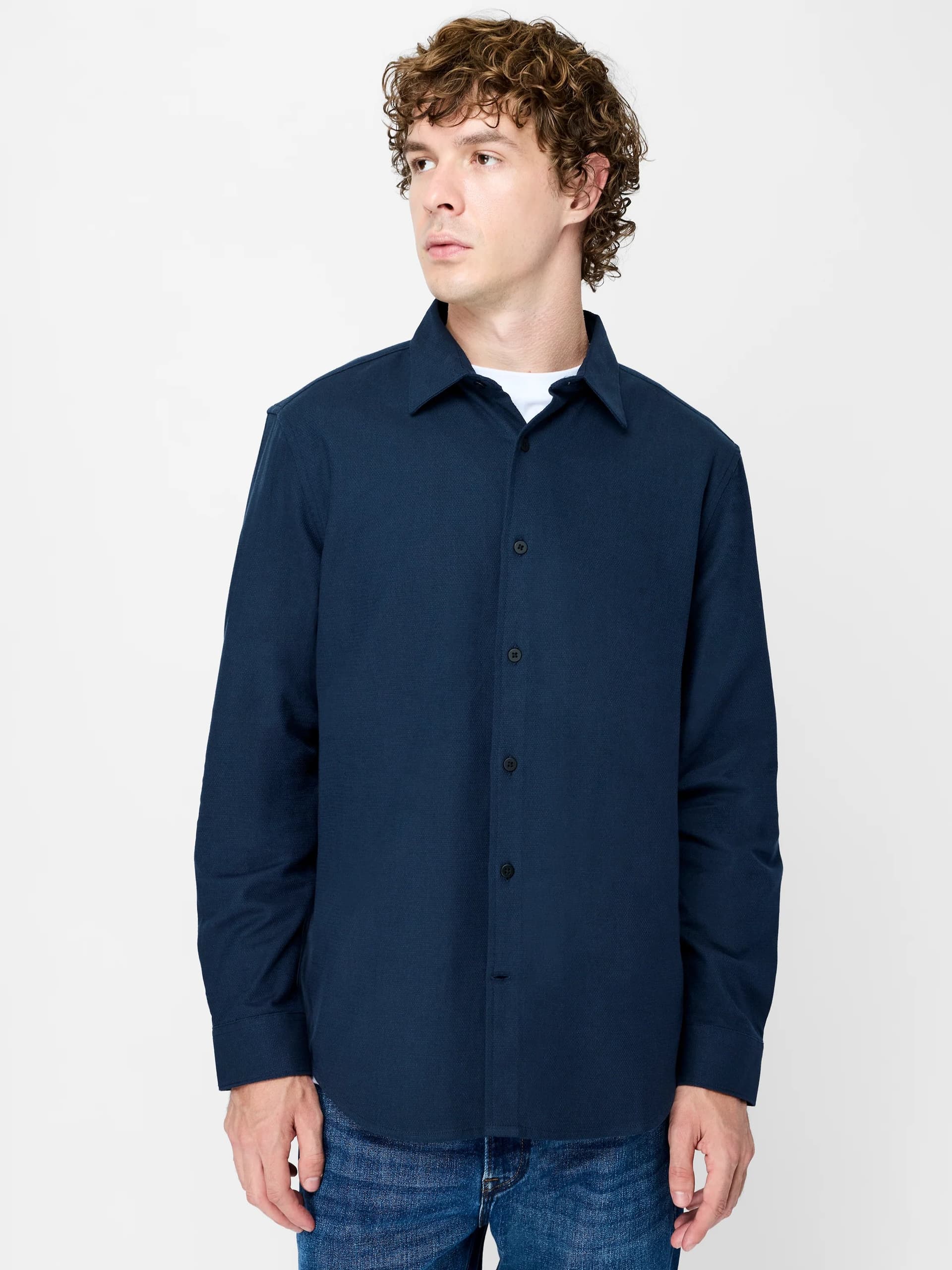 French Connection Navy Textured Cotton Regular Fit Shirt Navy