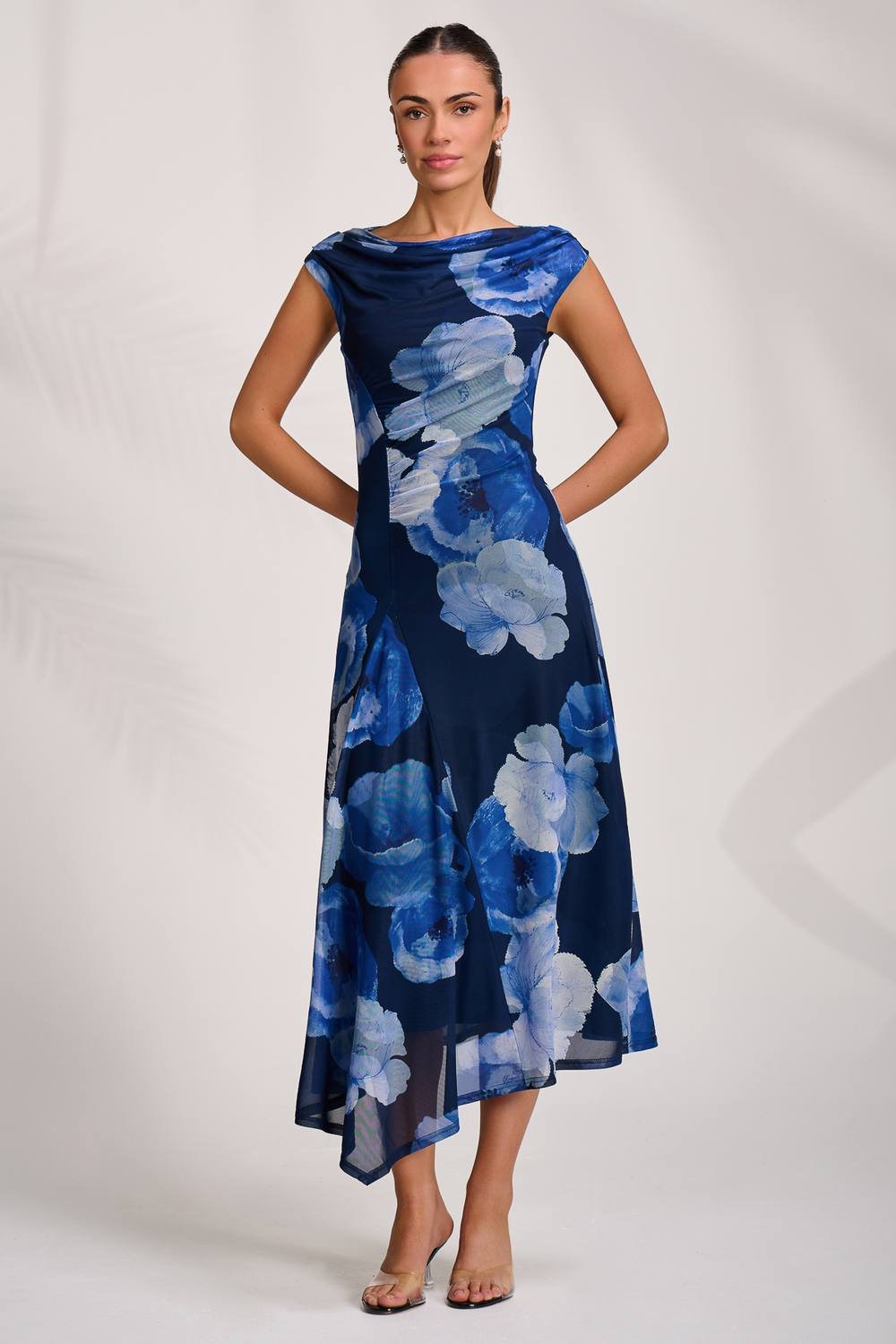 Jolie Moi Jolie Moi Women's Asymmetric Draped Mesh Midaxi Dress in Blue - 4