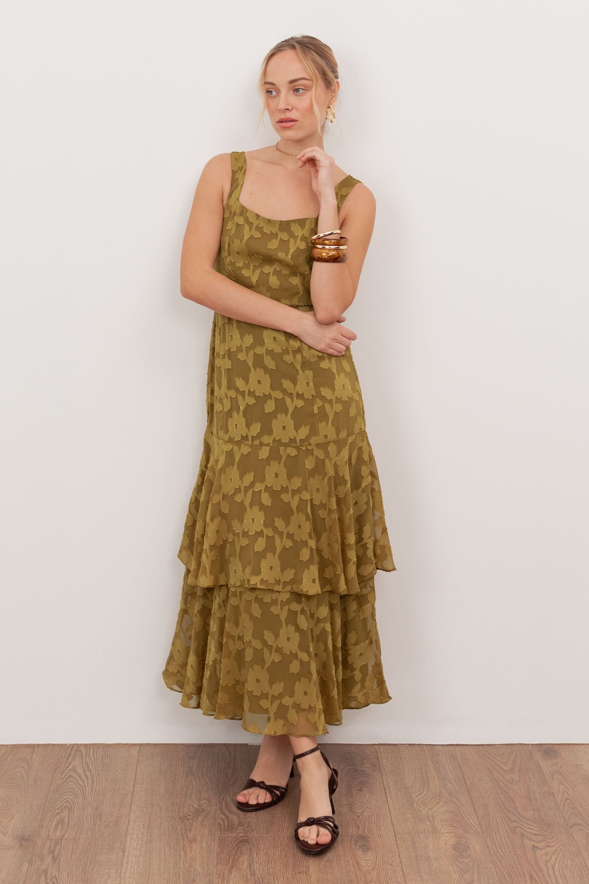 Anaya with Love Anaya with Love Women's Floral Burnout Square Neck Tiered Midaxi Dress in Dark Olive