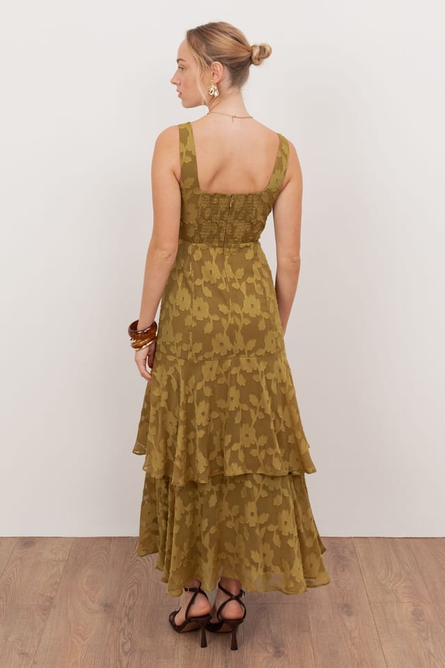 Anaya with Love Anaya with Love Women's Floral Burnout Square Neck Tiered Midaxi Dress in Dark Olive - 2