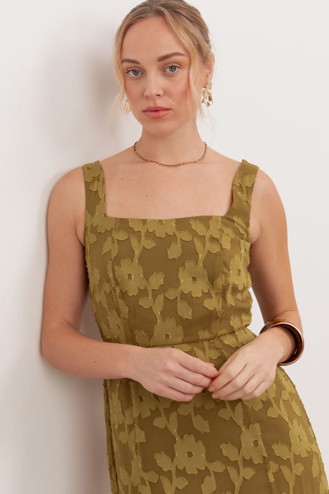 Anaya with Love Anaya with Love Women's Floral Burnout Square Neck Tiered Midaxi Dress in Dark Olive - 3