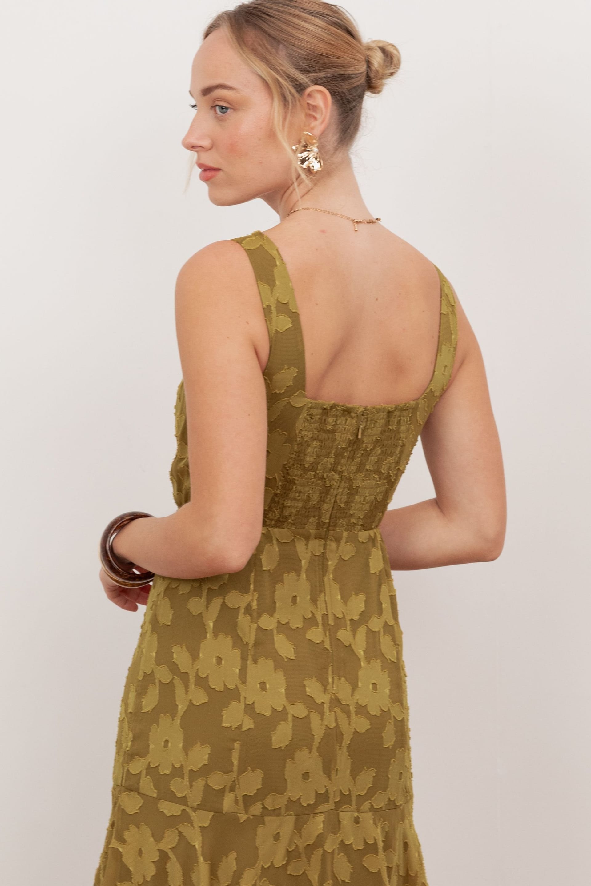 Anaya with Love Anaya with Love Women's Floral Burnout Square Neck Tiered Midaxi Dress in Dark Olive - 4