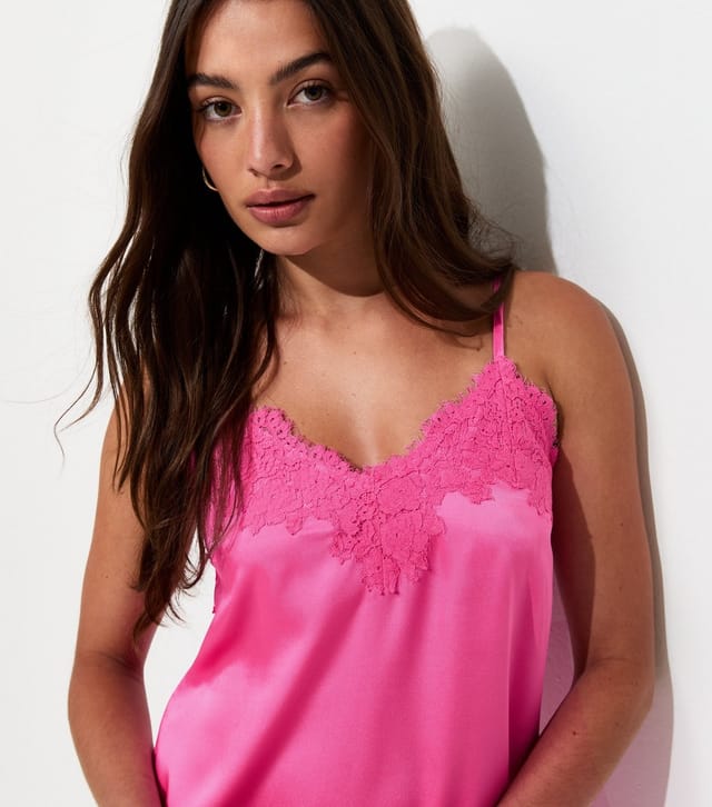 New Look Women's Bright Pink Satin Lace Trim Lace Mini Dress New Look - 2