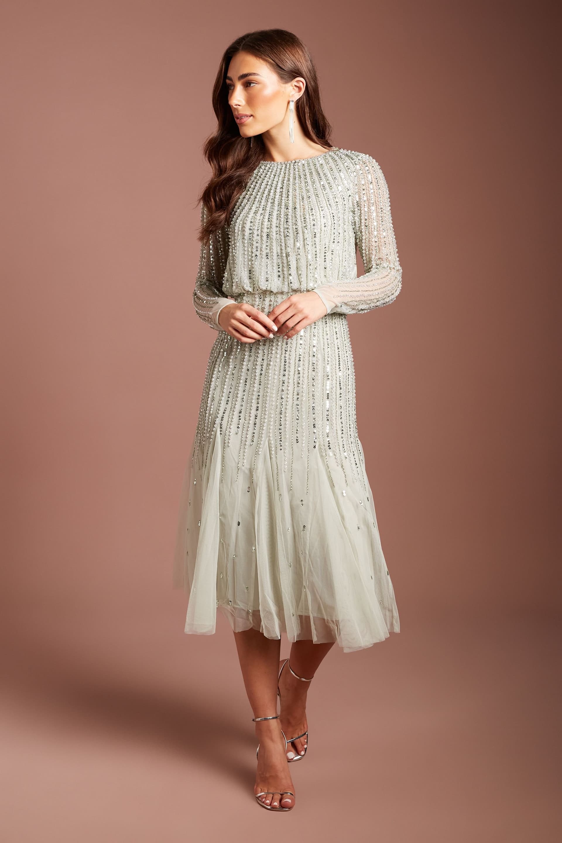 Coast Coast Women's Party Sequin Long Sleeve Midi Dress in Sage