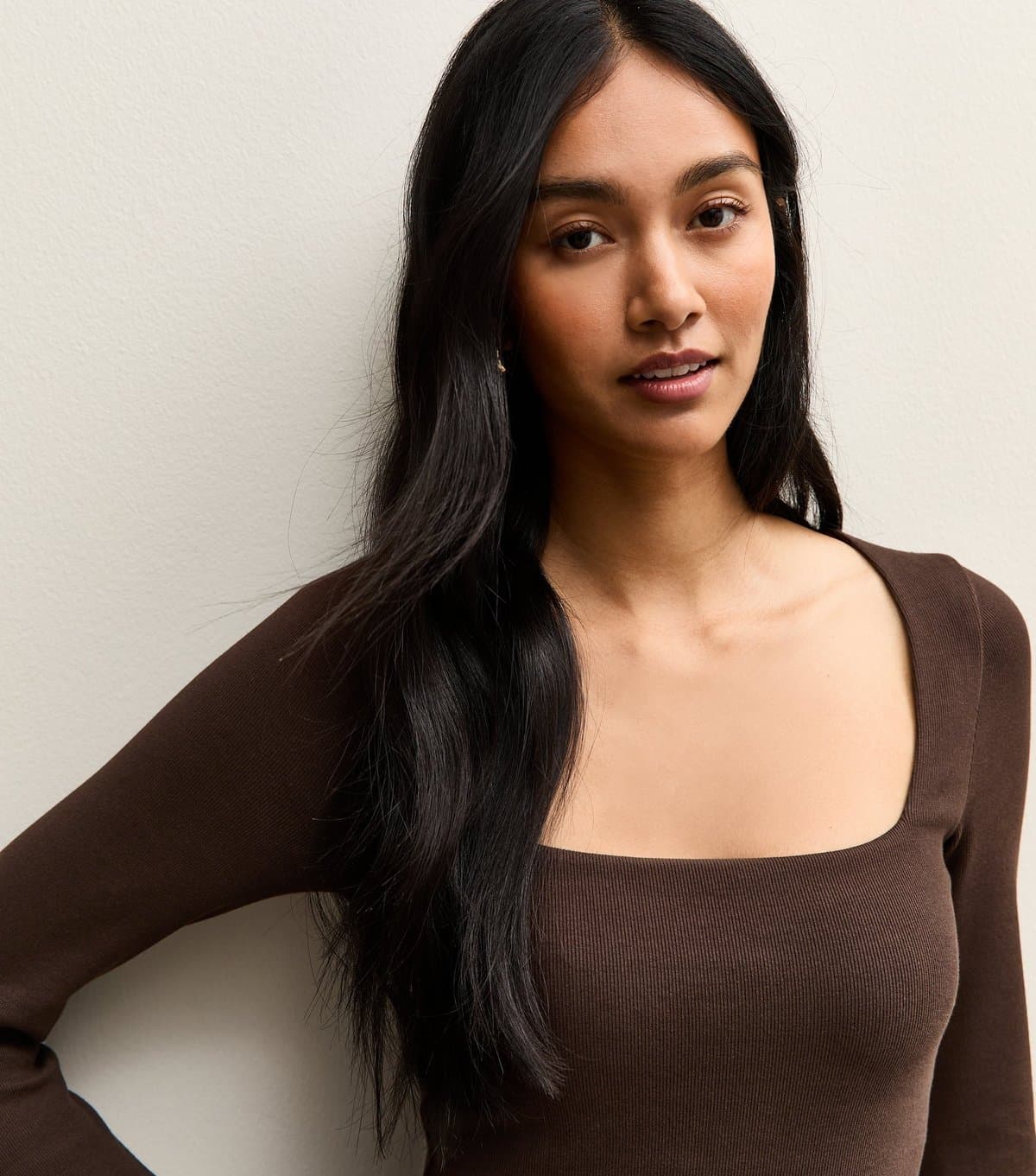 New Look Women's Premium Dark Brown Heavyweight Cotton Square Neck Top New Look